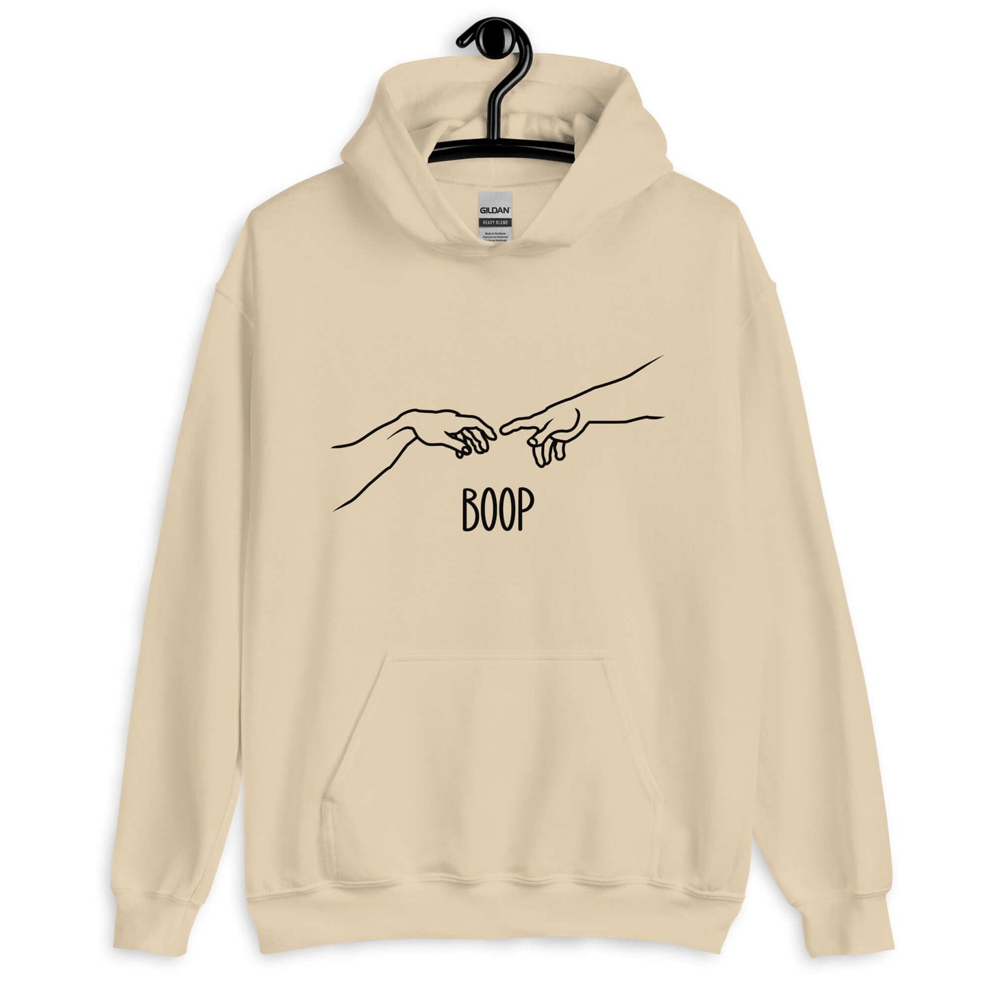 Sand color hoodie sweatshirt with line drawing hands reaching out and touching in the center like they in the famous art creation of Adam. The word Boop is printed underneath.