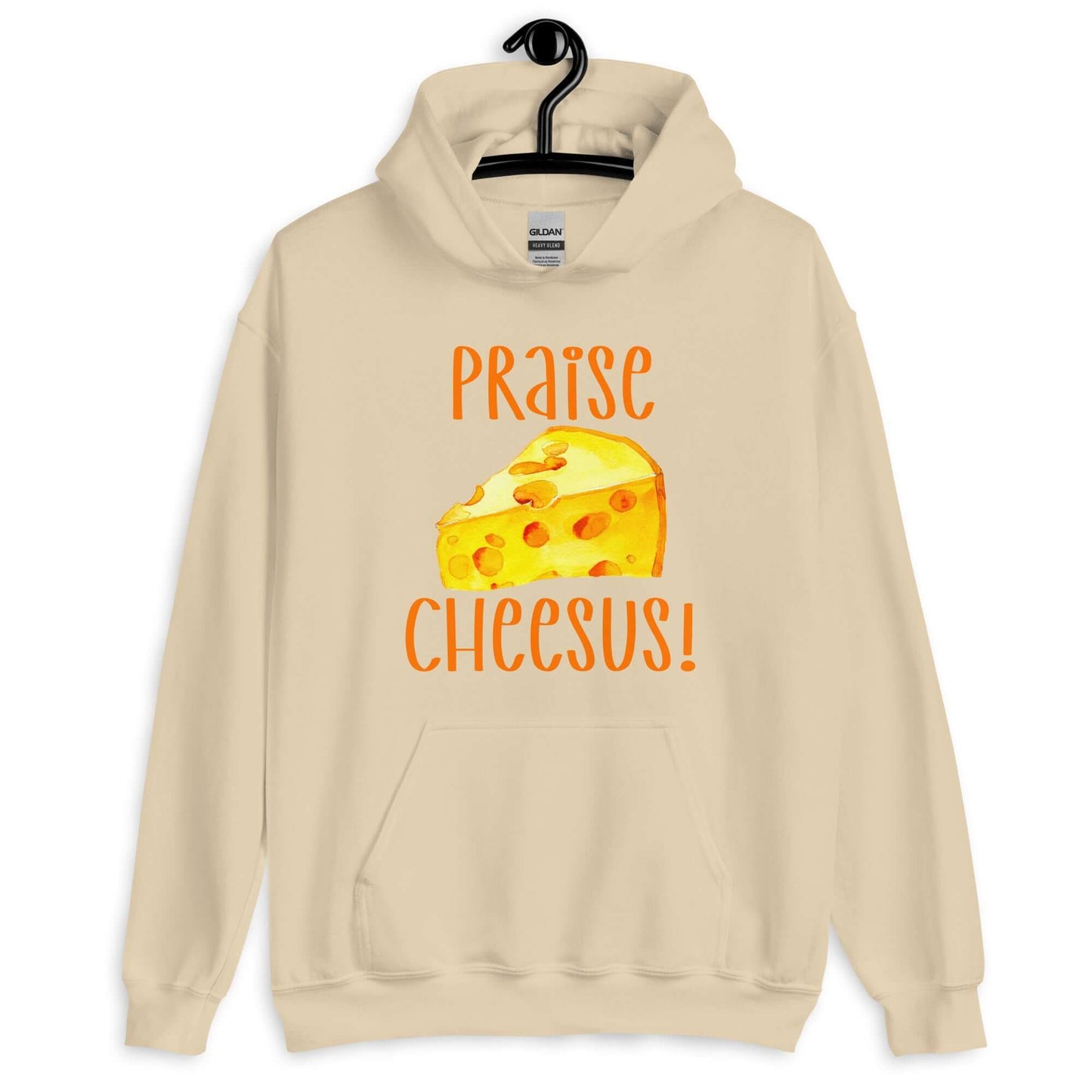 Sand hoodie sweatshirt with funny graphics of a piece of swiss cheese and the words Praise Cheesus printed on the front of the hoodie in yellow and orange.