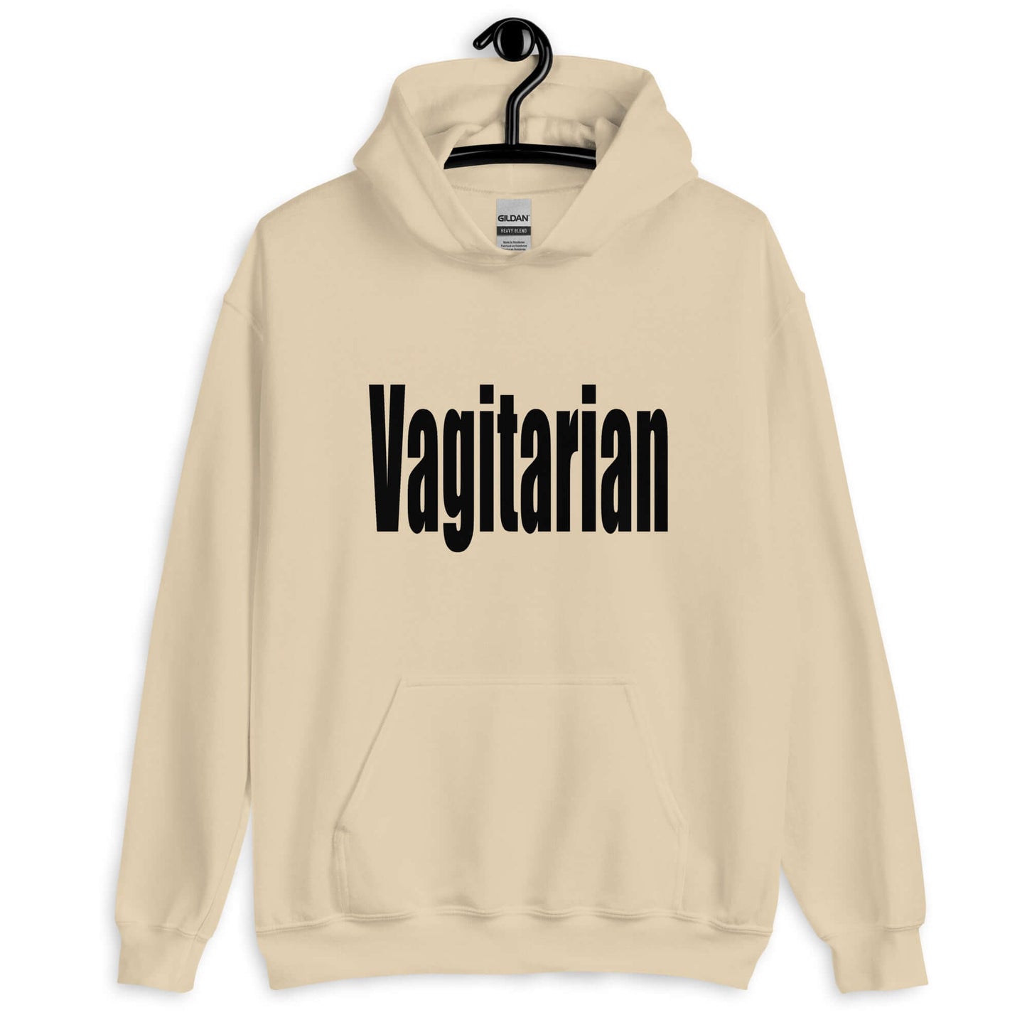 Sand hoodie sweatshirt with the word Vagitarian printed on the front.