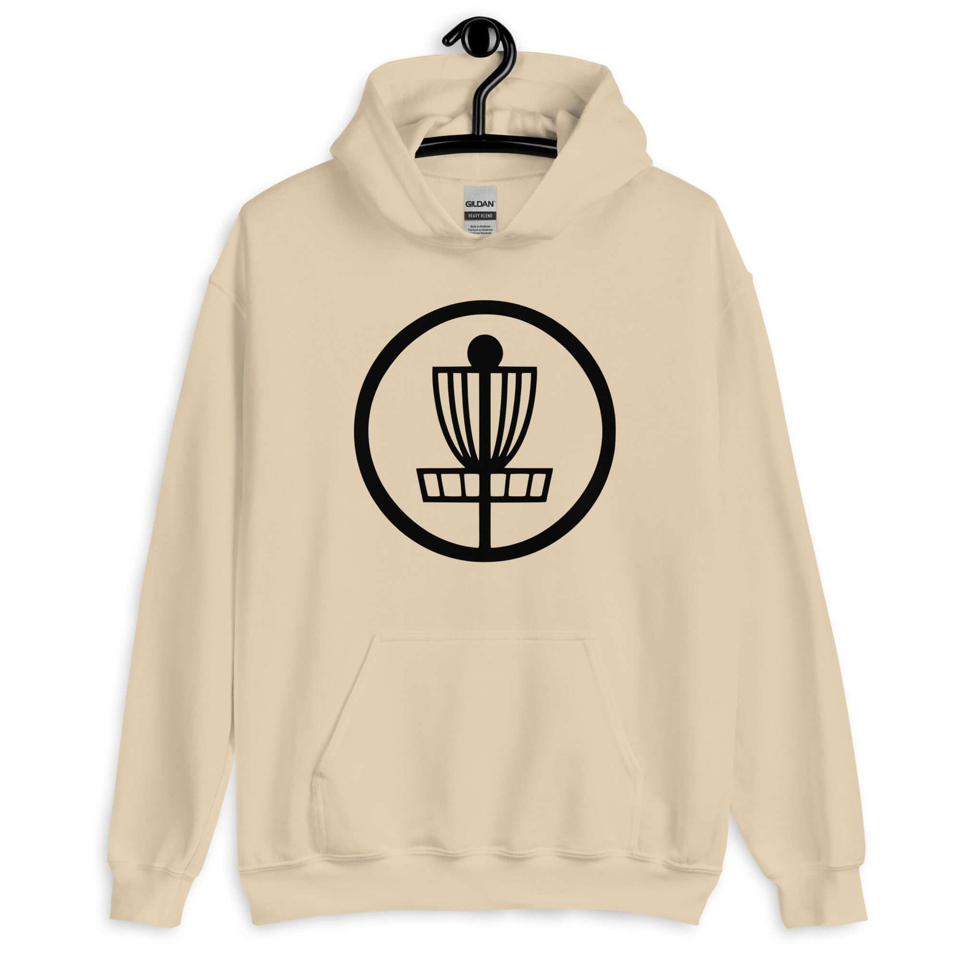 Sand hoodie sweatshirt with image of disc golf basket silhouette with a circle around it printed on the front.