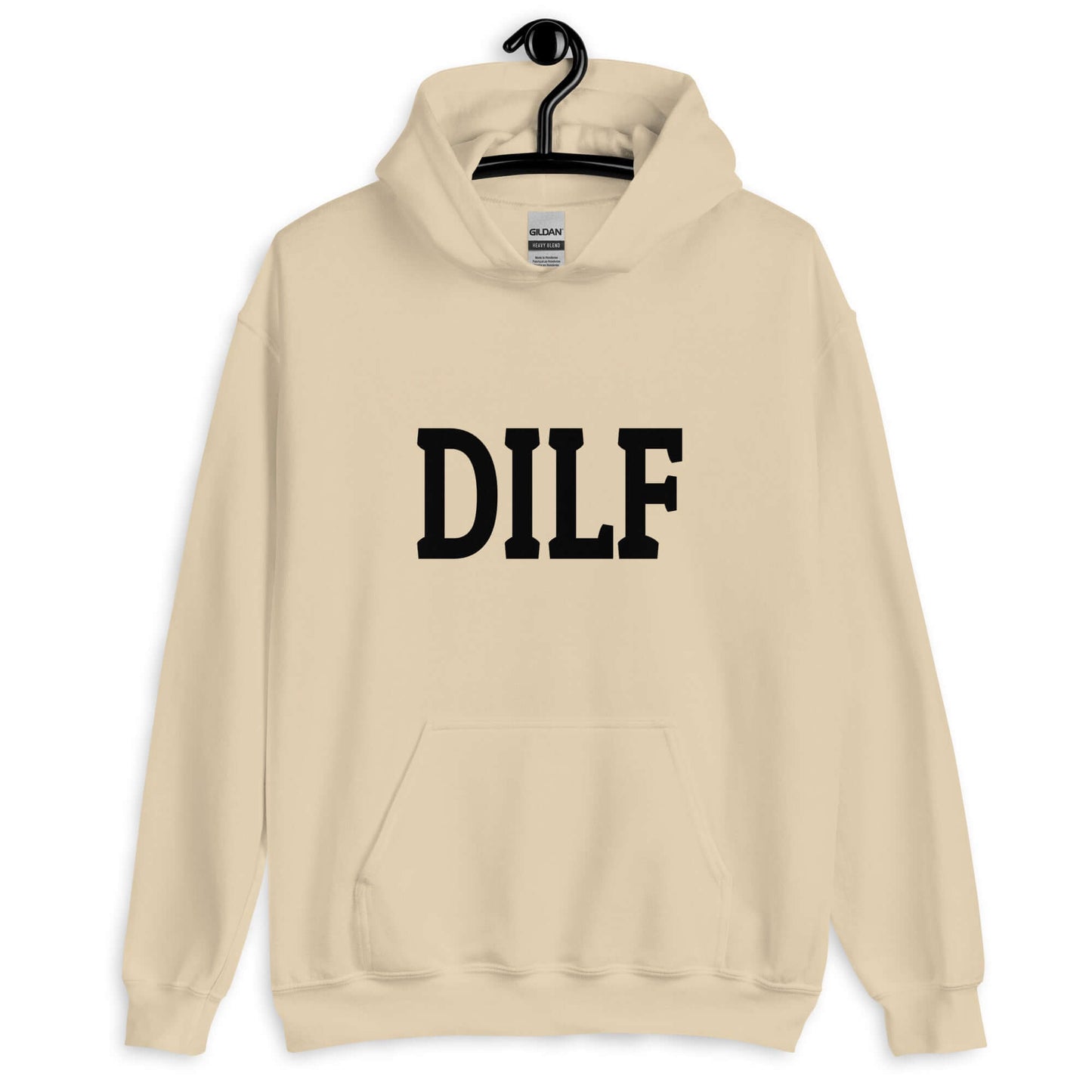 Sand hoodie sweatshirt with the acronym DILF printed on the front.