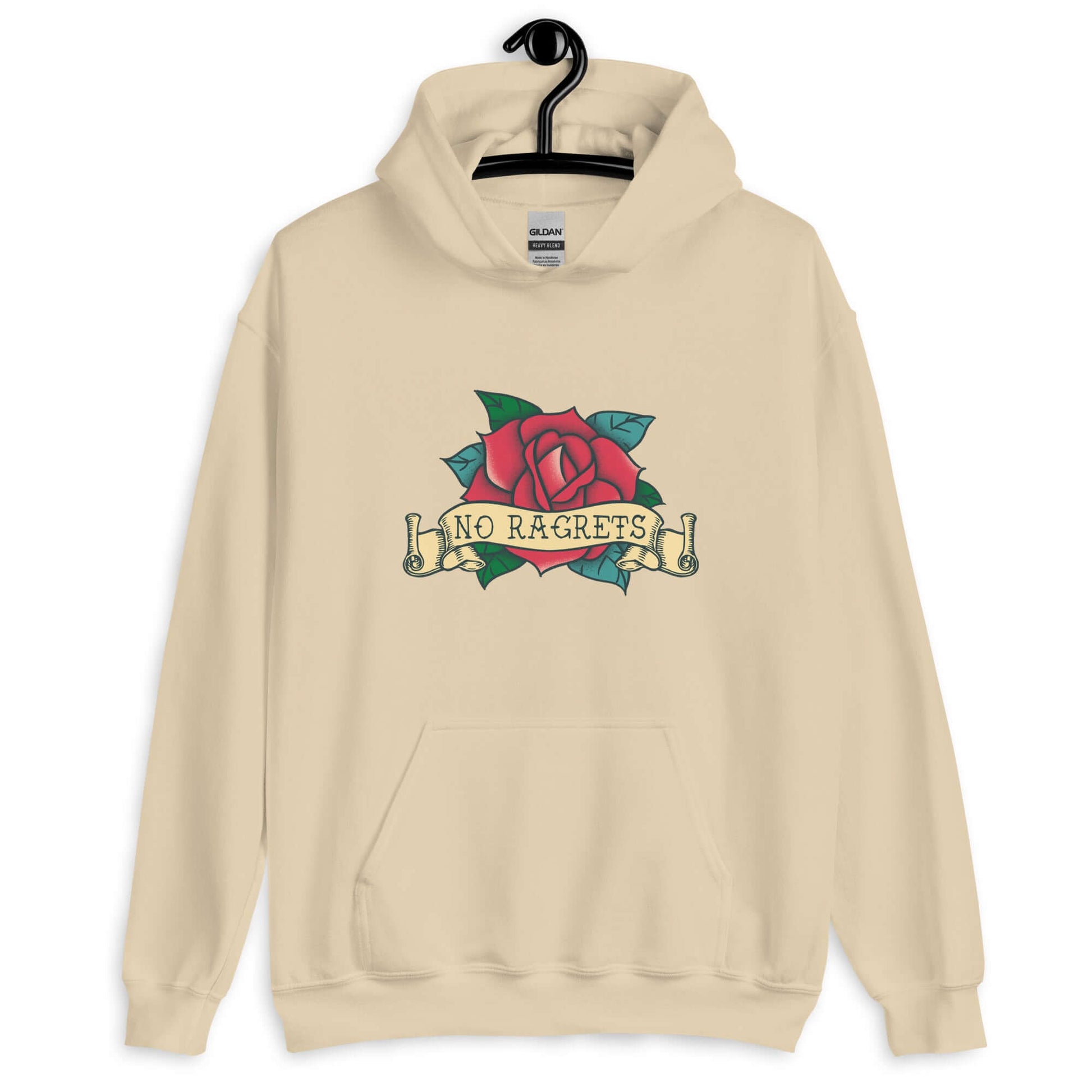 Sand hoodie sweatshirt with funny image of an old school rose flash tattoo with the words no ragrets intentionally misspelled.