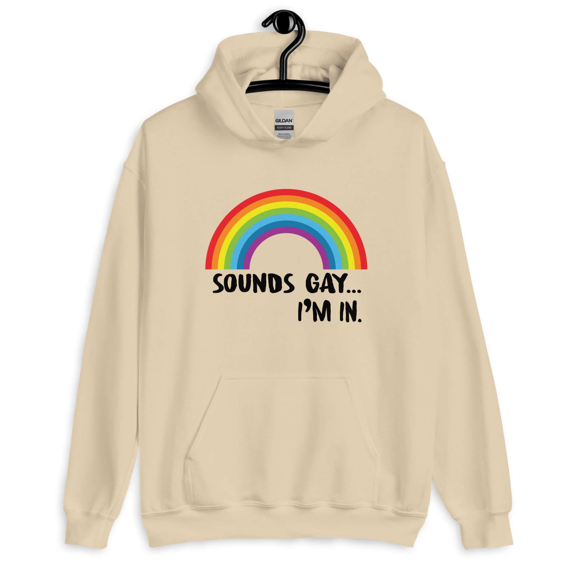 Sand hoodie sweatshirt that has an image of a rainbow and the phrase Sounds gay, I'm in printed on the front