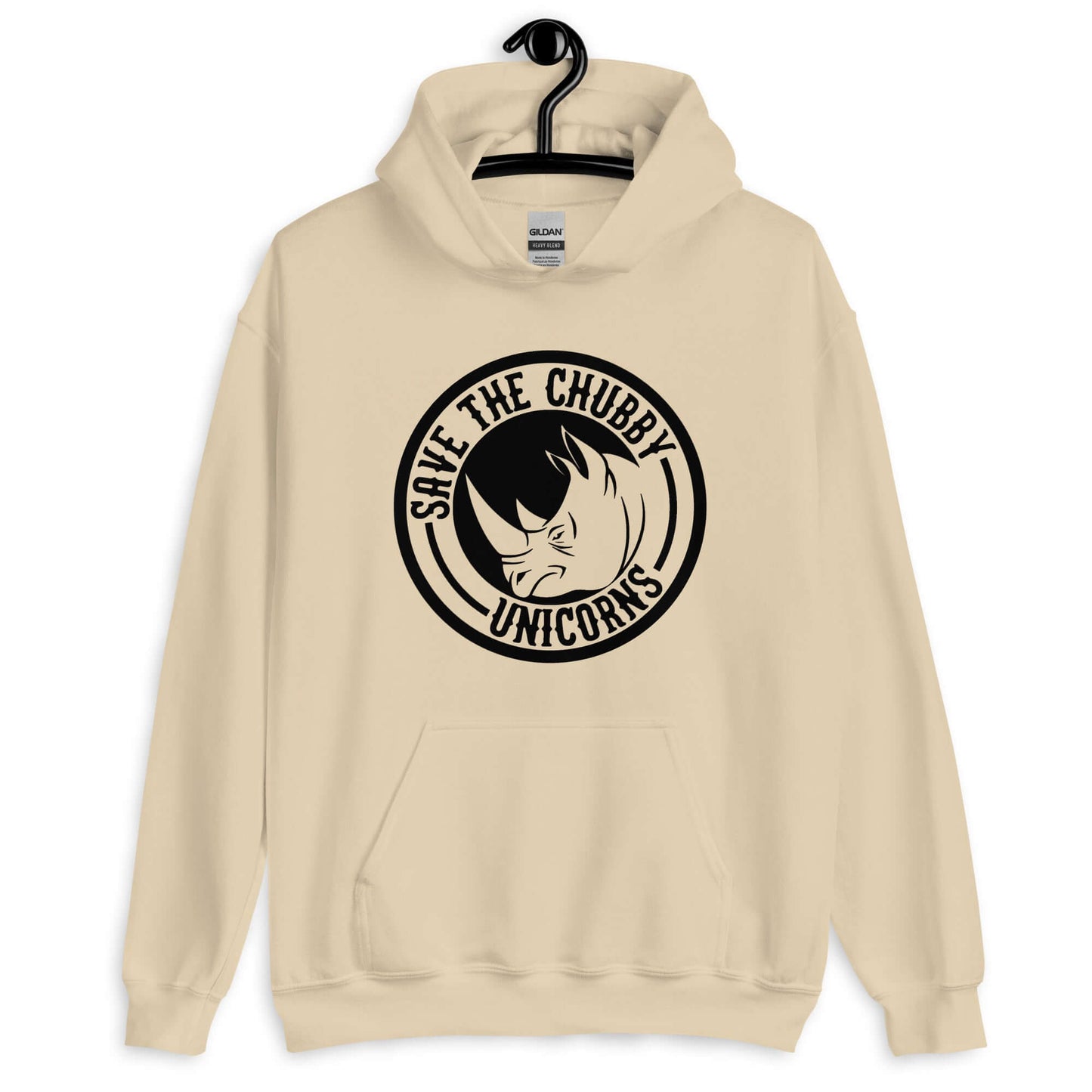 Sand hoodie sweatshirt with a funny graphic of a rhinoceros & the words Save the chubby unicorns printed on the front.