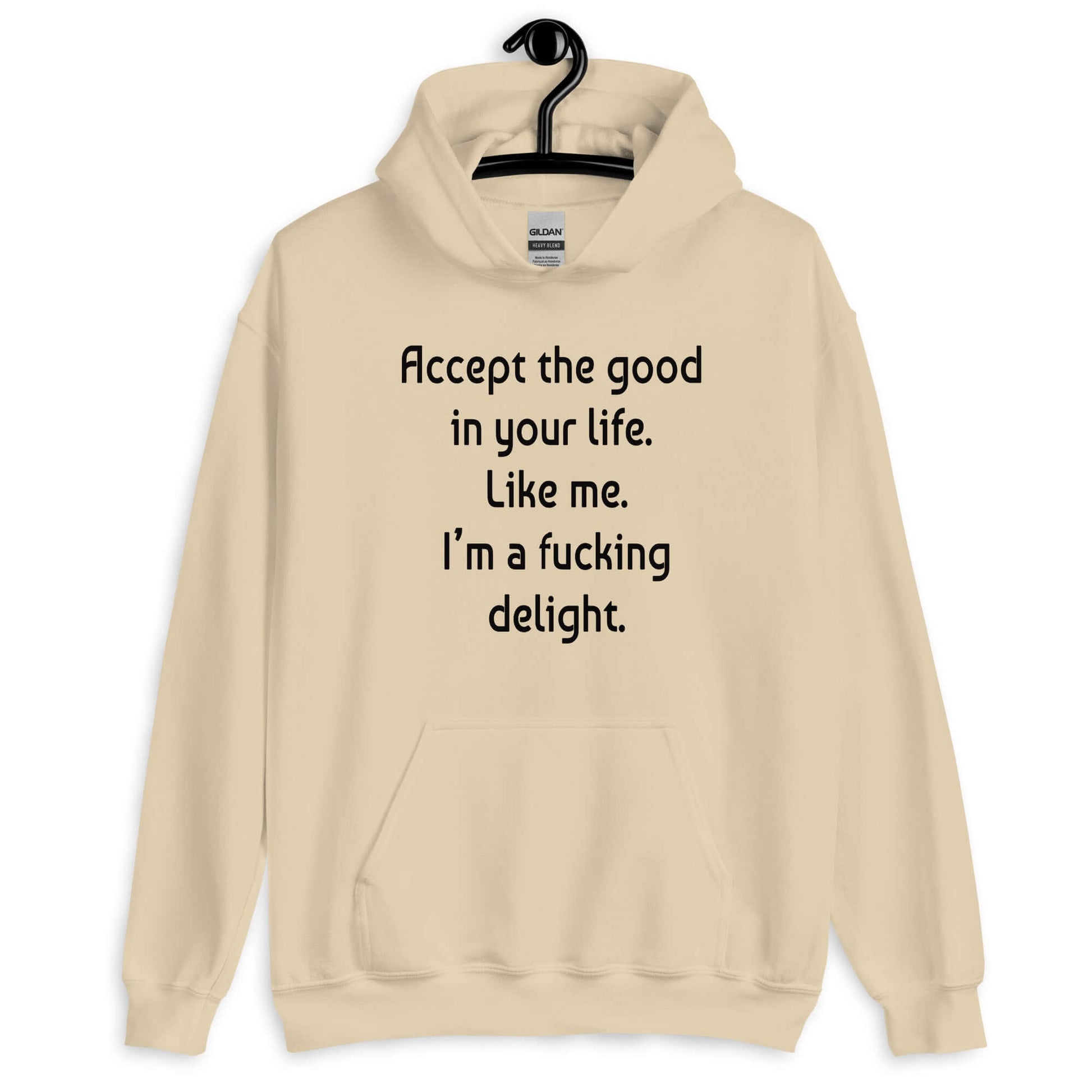 Sand hoodie sweatshirt with the funny phrase Accept the good in your life, like me, I'm a fucking delight printed on the front.