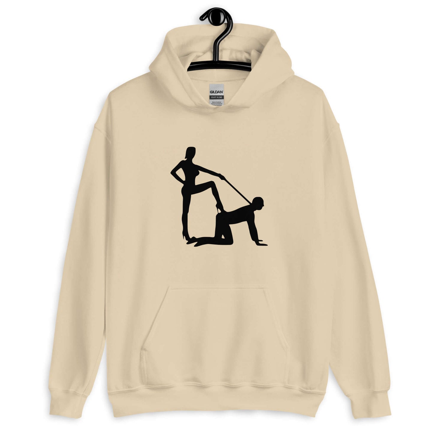 Sand hoodie sweatshirt with silhouette image of a man on his hands and knees and a dominatrix holding his leash printed on the front.