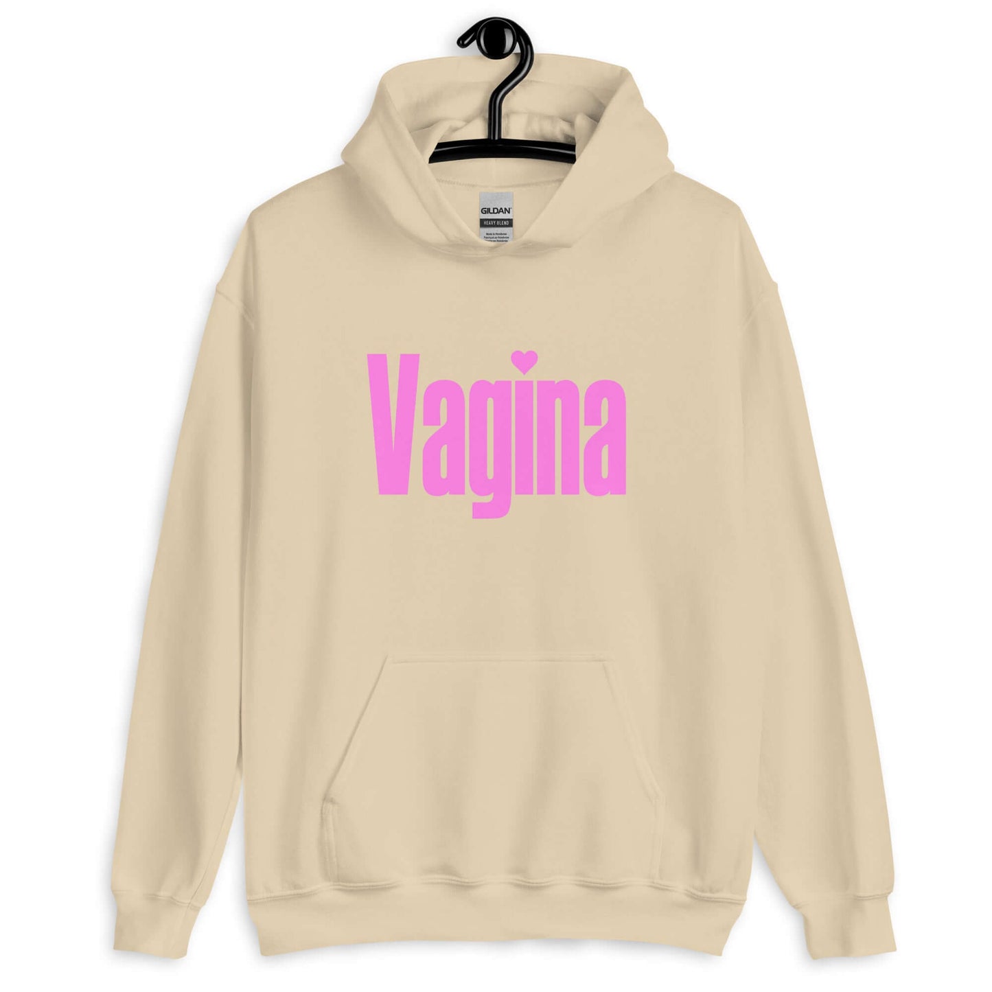 Sand hoodie sweatshirt with the word Vagina printed on the front. The word vagina is in pink color text.