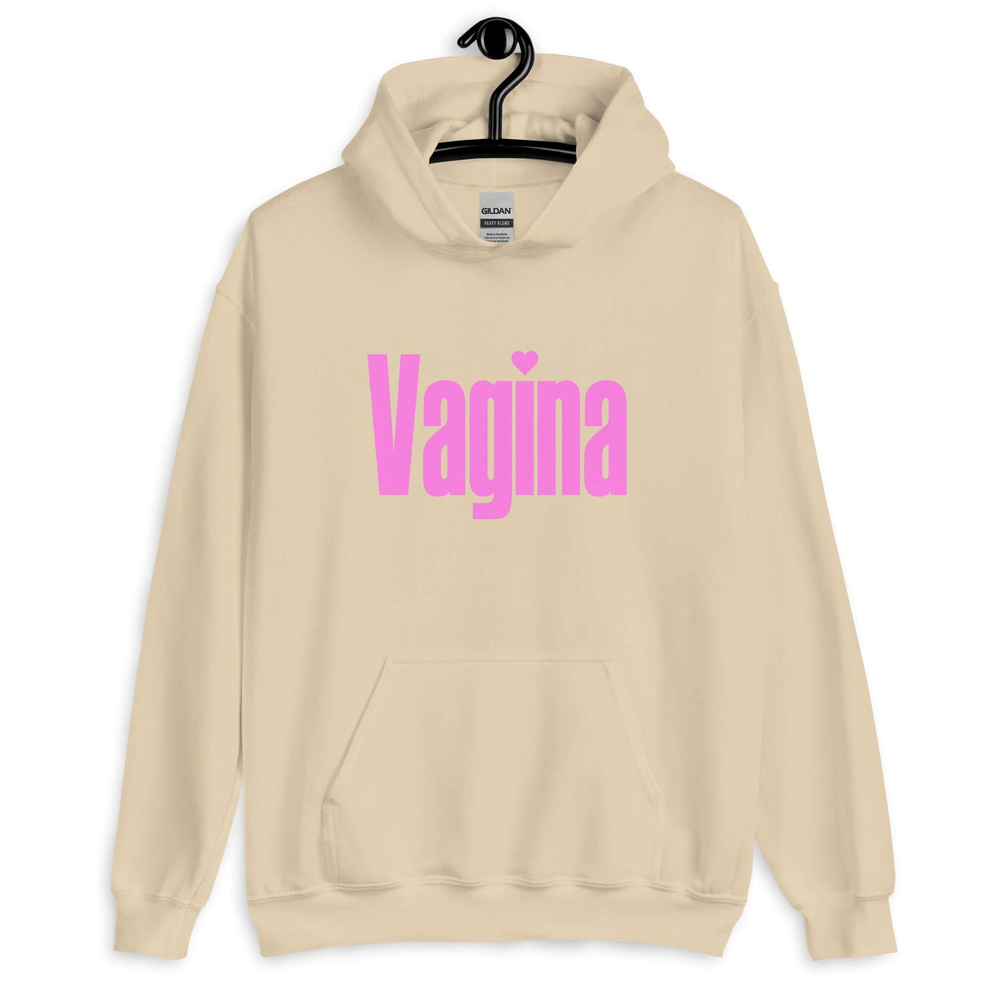 Sand hoodie sweatshirt with the word Vagina printed on the front. The word vagina is in pink color text.