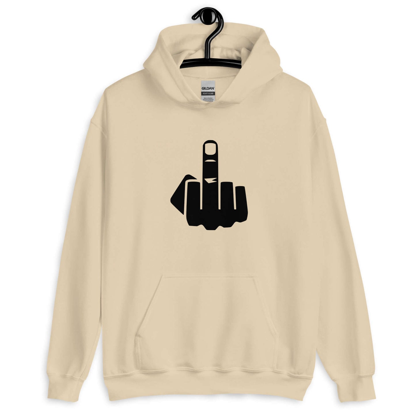 Sand hoodie sweatshirt with an image of middle finger silhouette printed on the front.