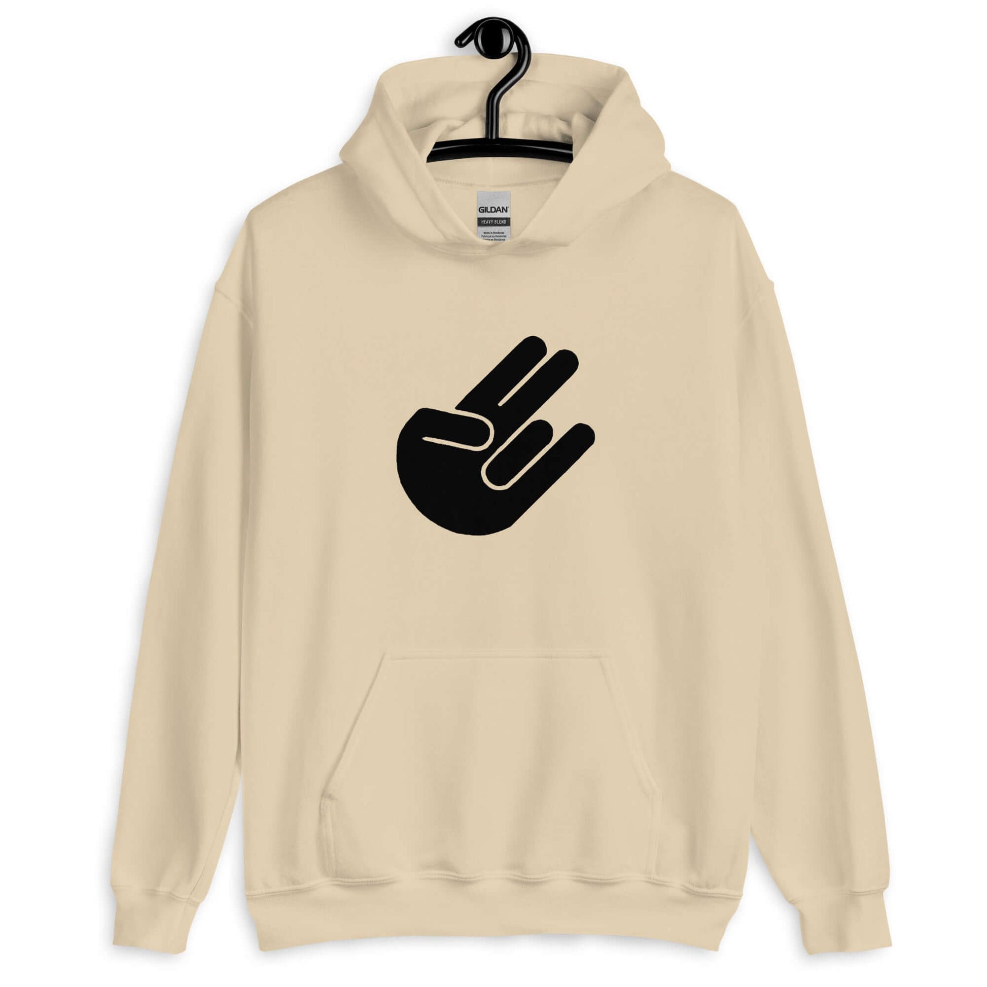 Sand hoodie sweatshirt with the universal hand symbol for The Shocker printed on the front.