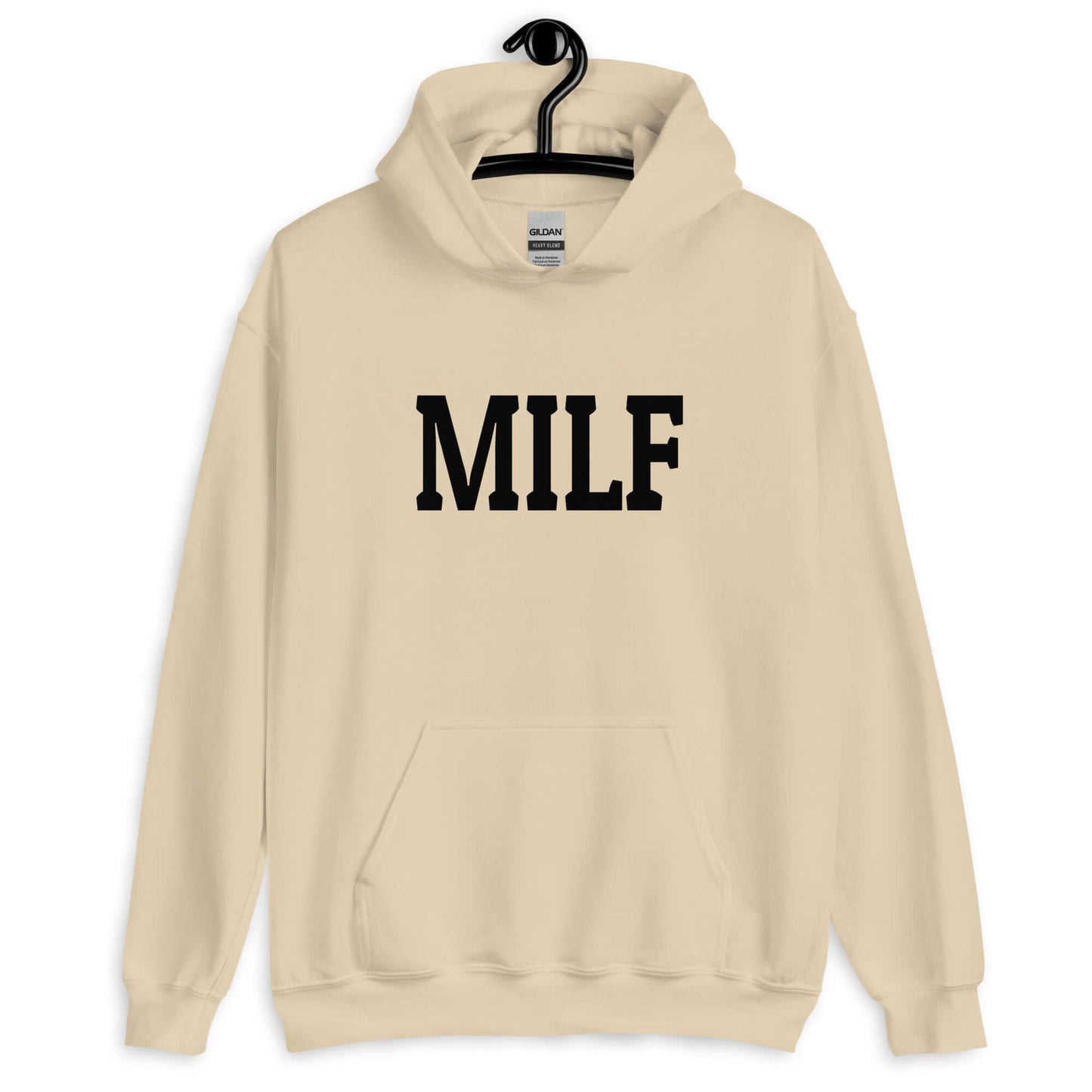 Sand color hoodie sweatshirt with the acronym MILF printed on the front.