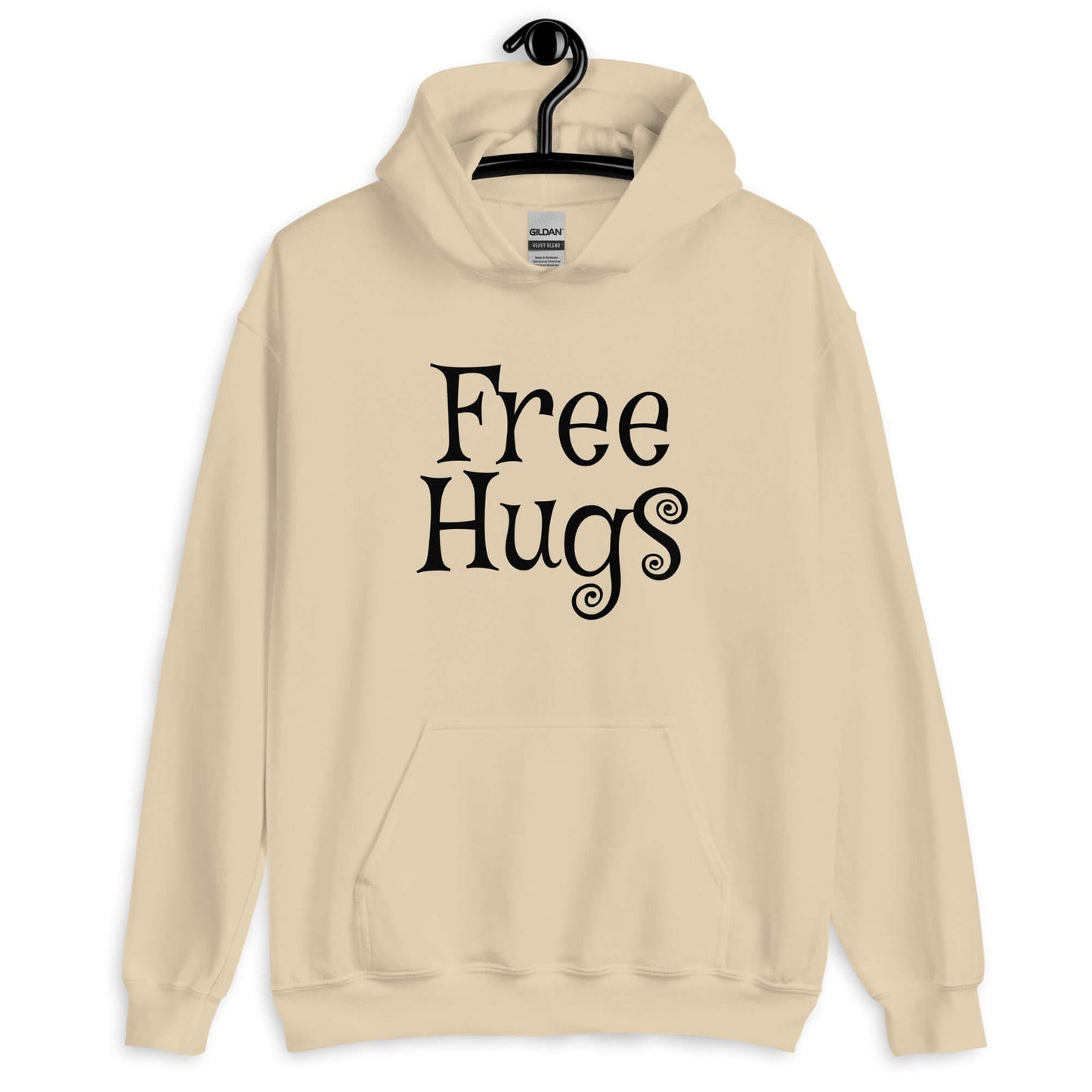 Sand hoodie sweatshirt with the words Free Hugs printed on the front.