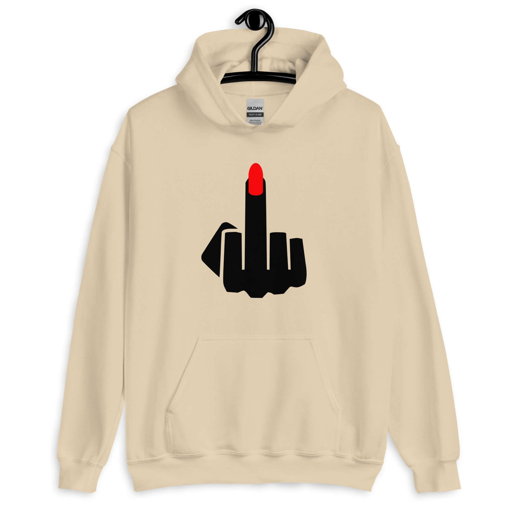 Sand color hoodie sweatshirt with an image of a middle finger with long red fingernail silhouette printed on the front.