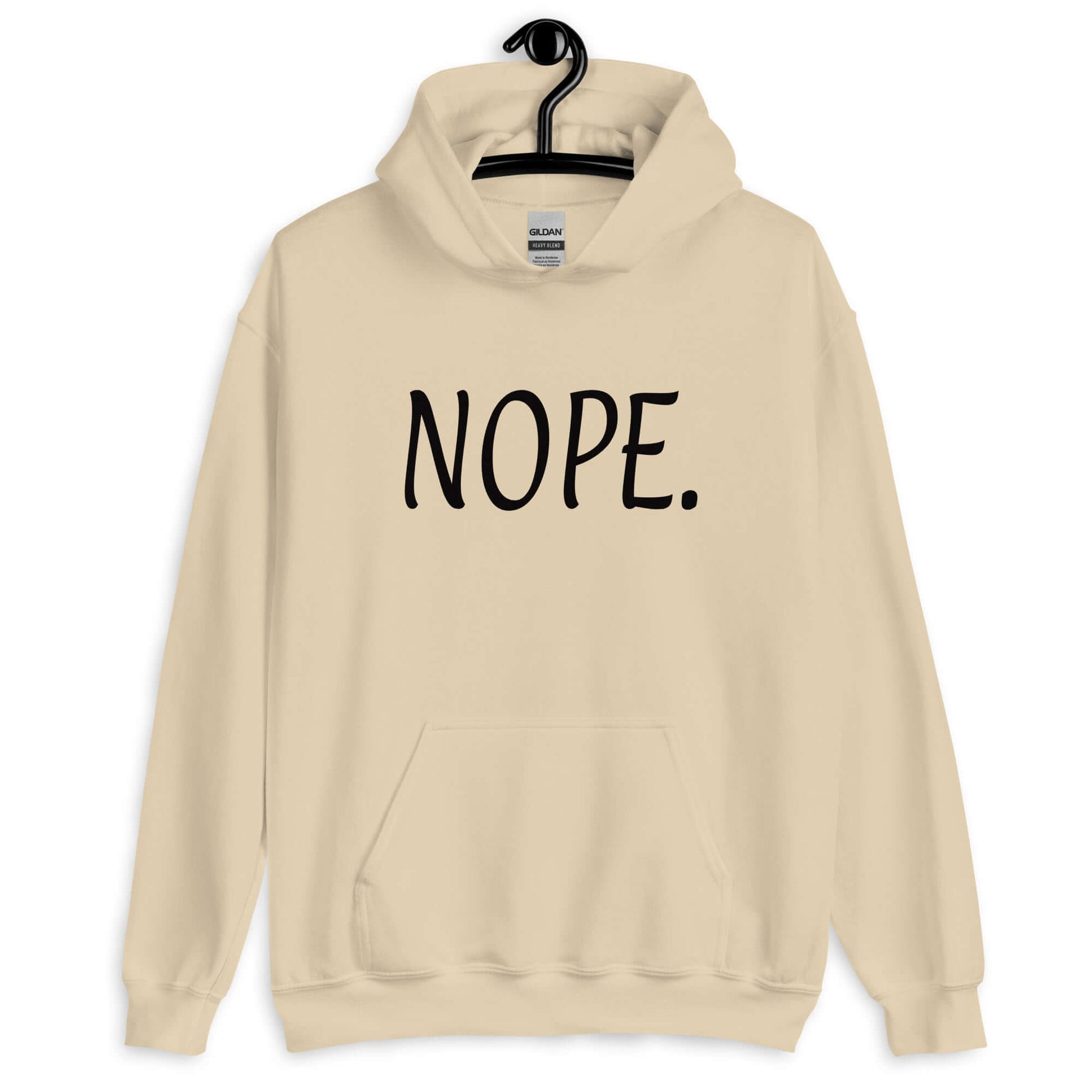 Sand color hoodie sweatshirt with the word Nope printed on the front.