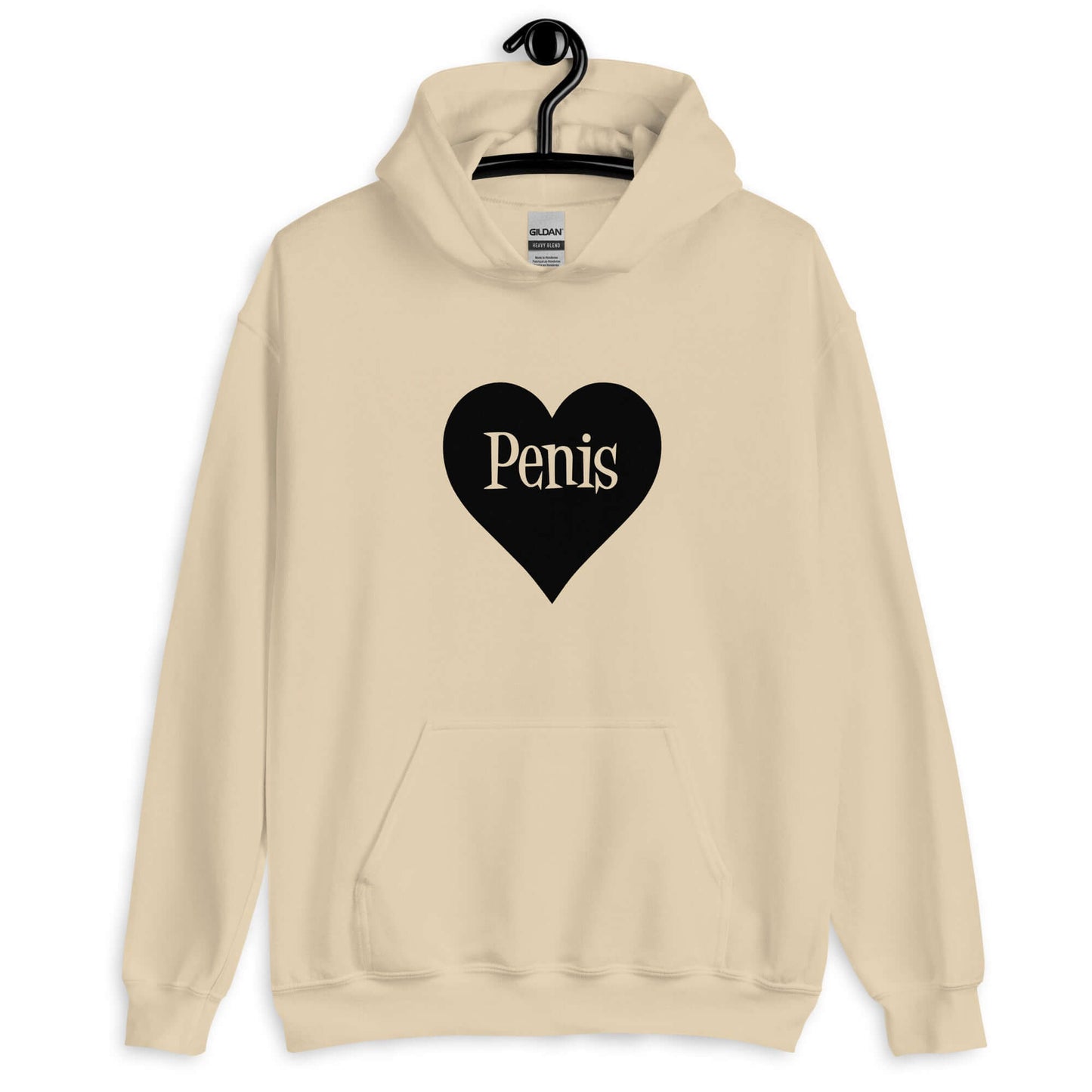 Sand color hoodie sweatshirt with a heart image printed on the front. The word penis is inside the heart