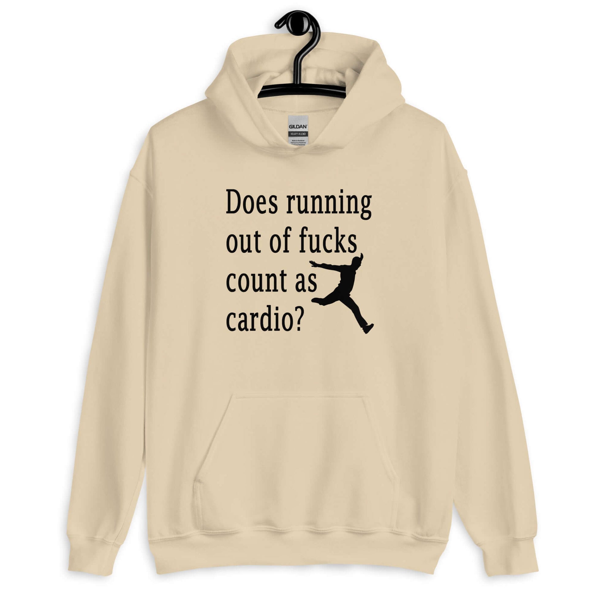 Sand color hoodie sweatshirt with a silhouette image of a running person with the phrase Does running out of fucks count as cardio question mark printed on the front.