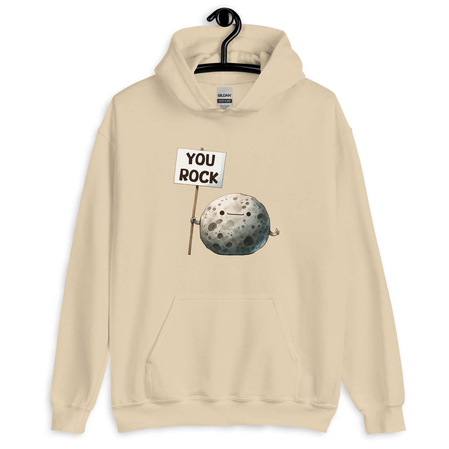 Sand color hoodie with an image of a grey rock that is holding a sign. The sign says You Rock. The image is printed on the front of the hoodie.