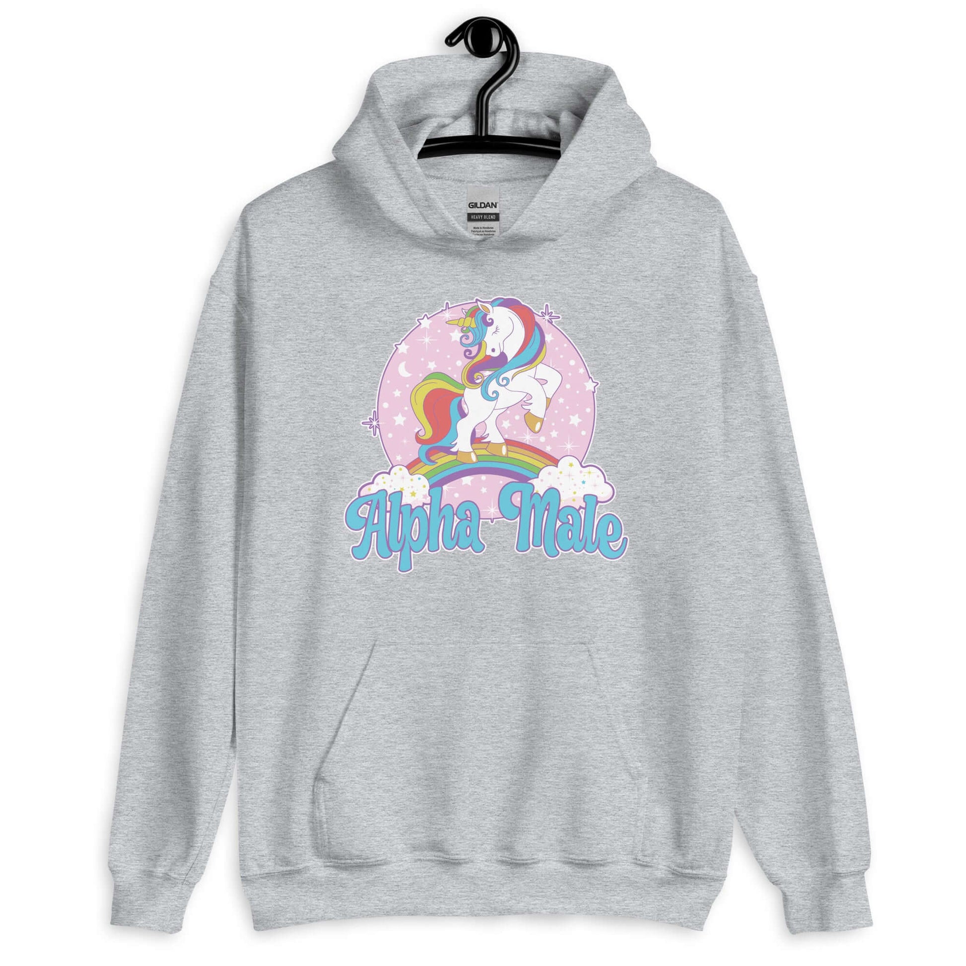 Sport grey hoodie sweatshirt with funny pastel rainbow unicorn graphics and the words Alpha Male printed on the front.