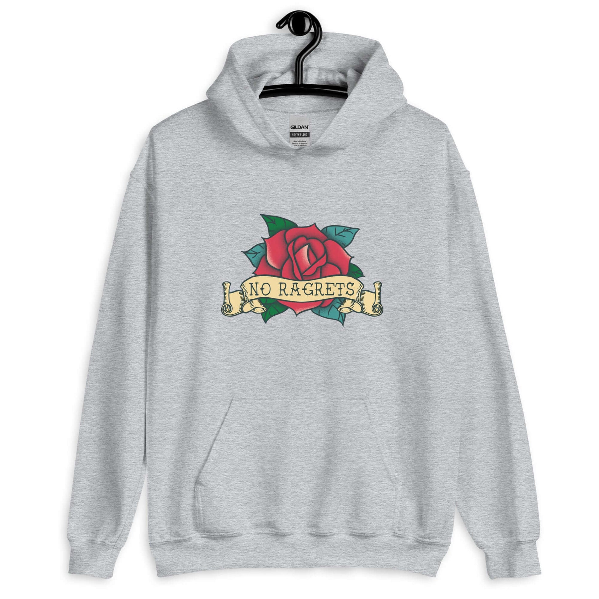 Light grey hoodie sweatshirt with funny image of an old school rose flash tattoo with the words no ragrets intentionally misspelled.