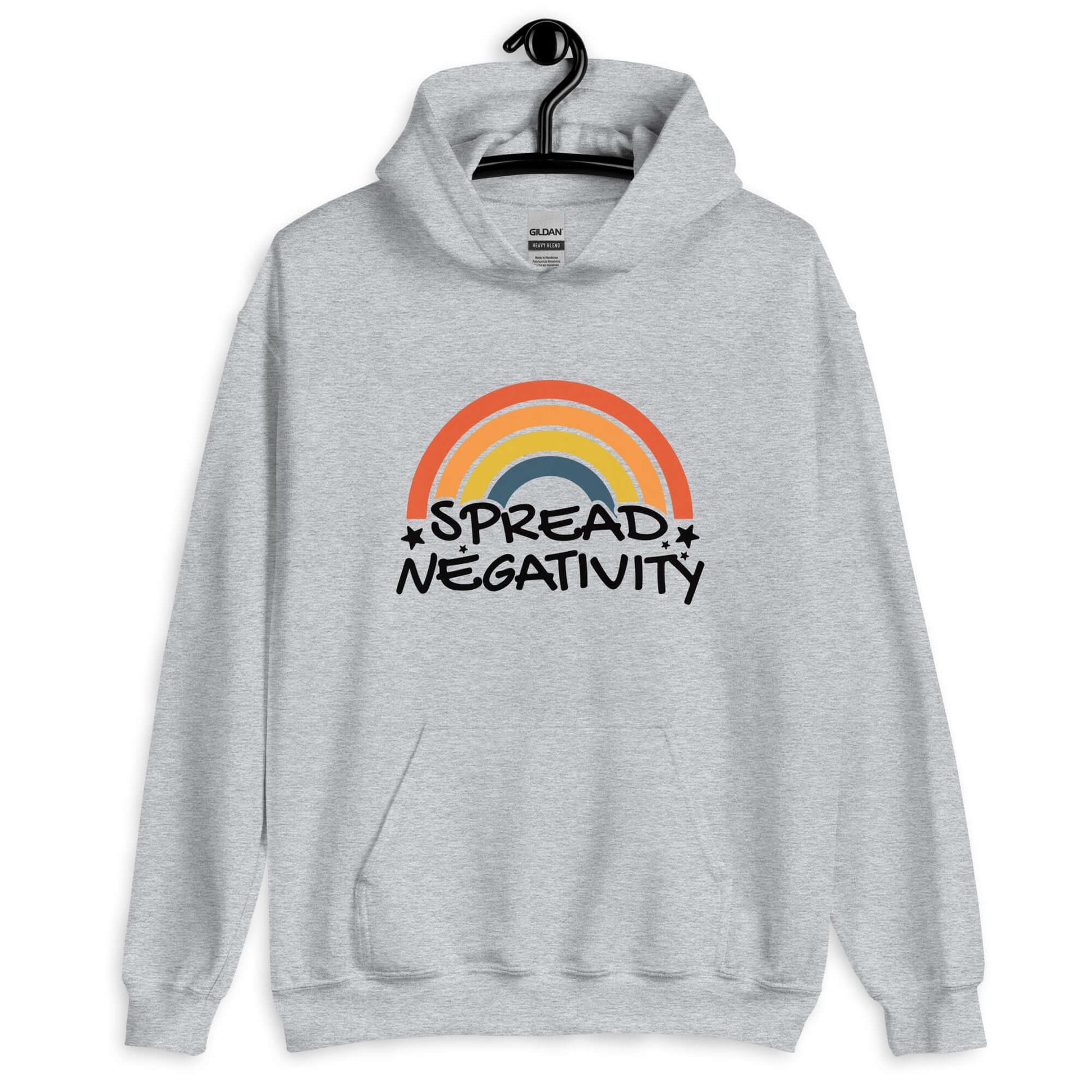 Light sport grey hoodie sweatshirt with a graphic of a rainbow and the words Spread negativity printed on the front.