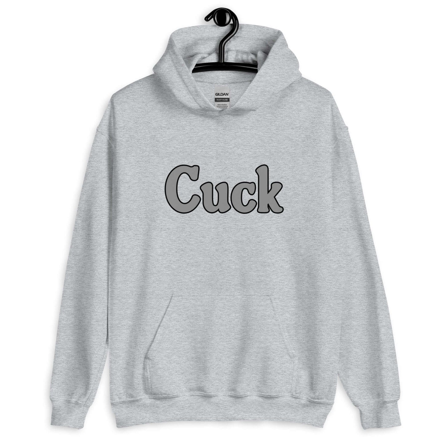 Light grey hoodie sweatshirt with the word Cuck printed on the front in grey.