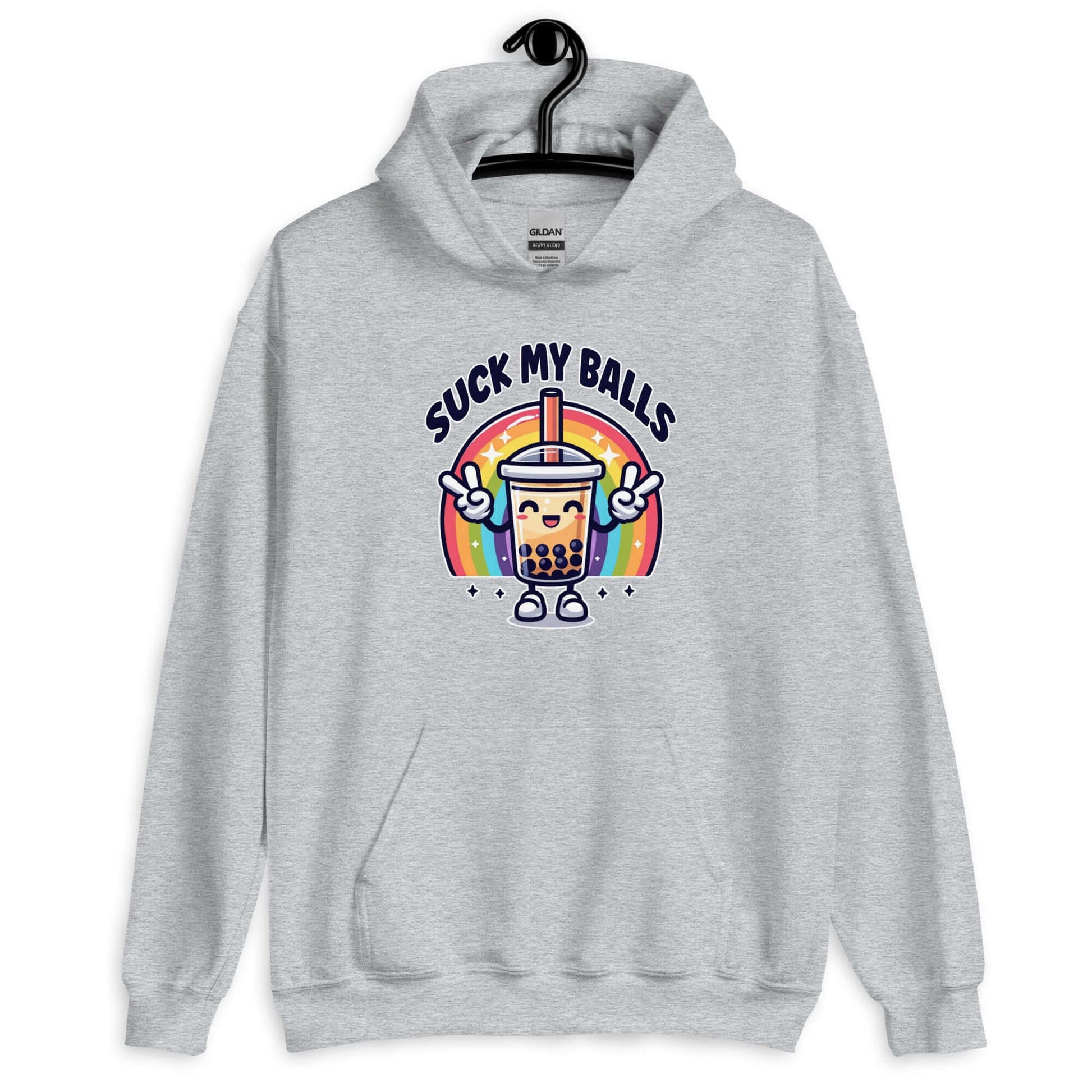 Sport grey hoodie with graphics of a rainbow and a smiling boba bubble tea. The bubble tea has arms and legs. The phrase Suck my balls is printed above the rainbow. The graphics are on the front of the hoodie.