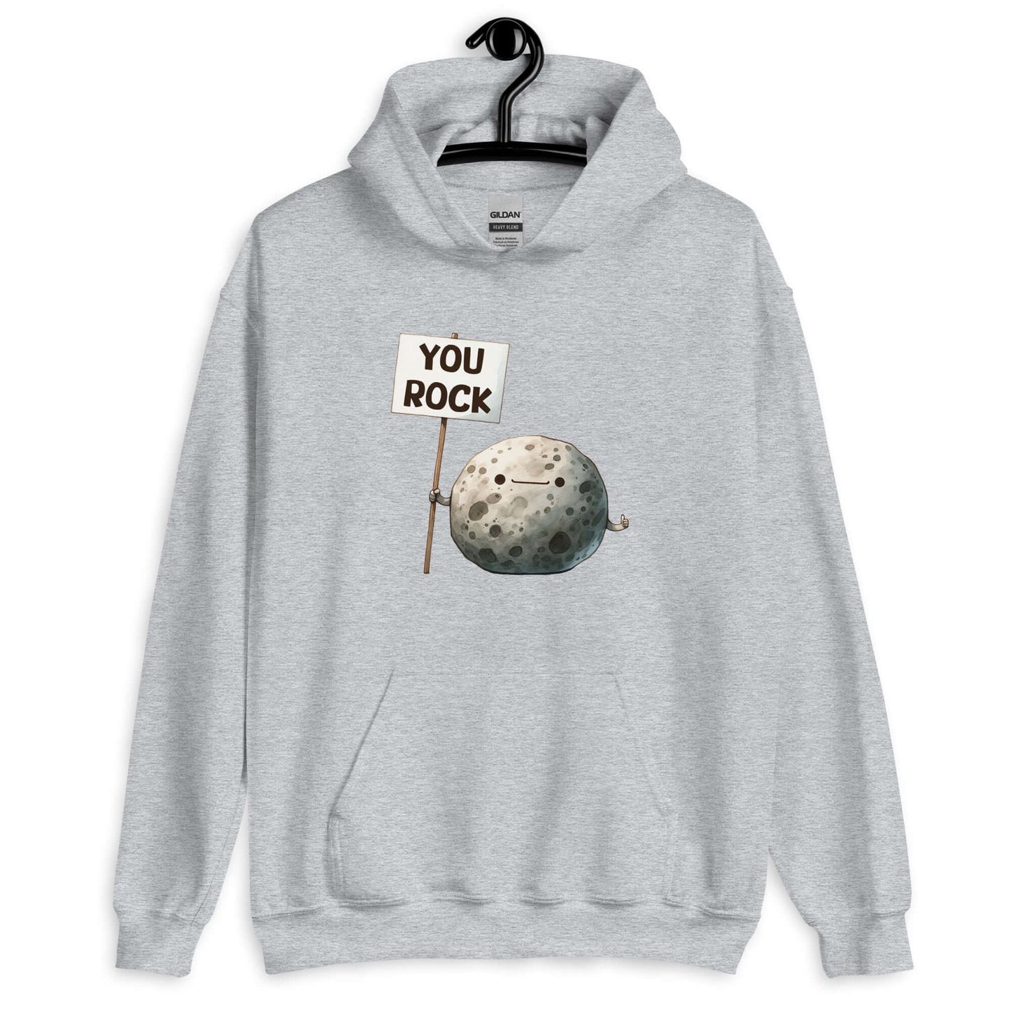 Light sport grey hoodie with an image of a grey rock that is holding a sign. The sign says You Rock. The image is printed on the front of the hoodie.