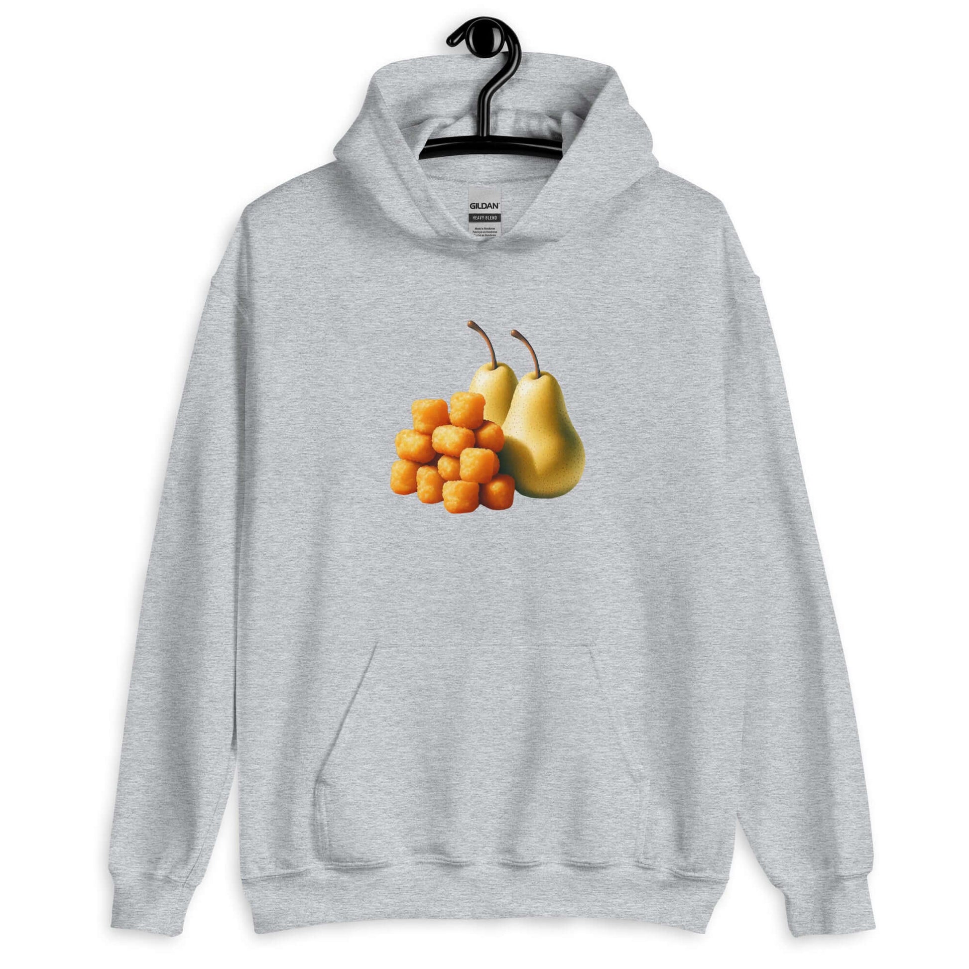 Sport grey hoodie with an image of tater tots and two pears printed on the front. 