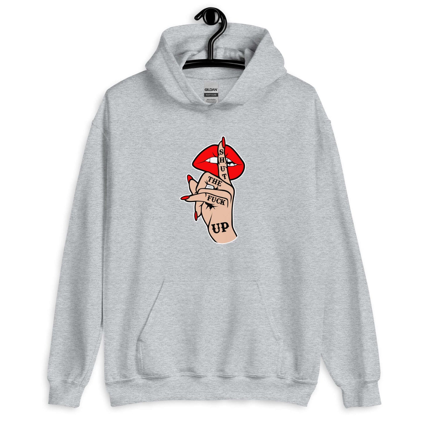 Sport grey hoodie sweatshirt with an image of a hand over lips making the shh gesture. The words Shut the fuck up are printed on the hand. The graphics are printed on the front of the hoodie.