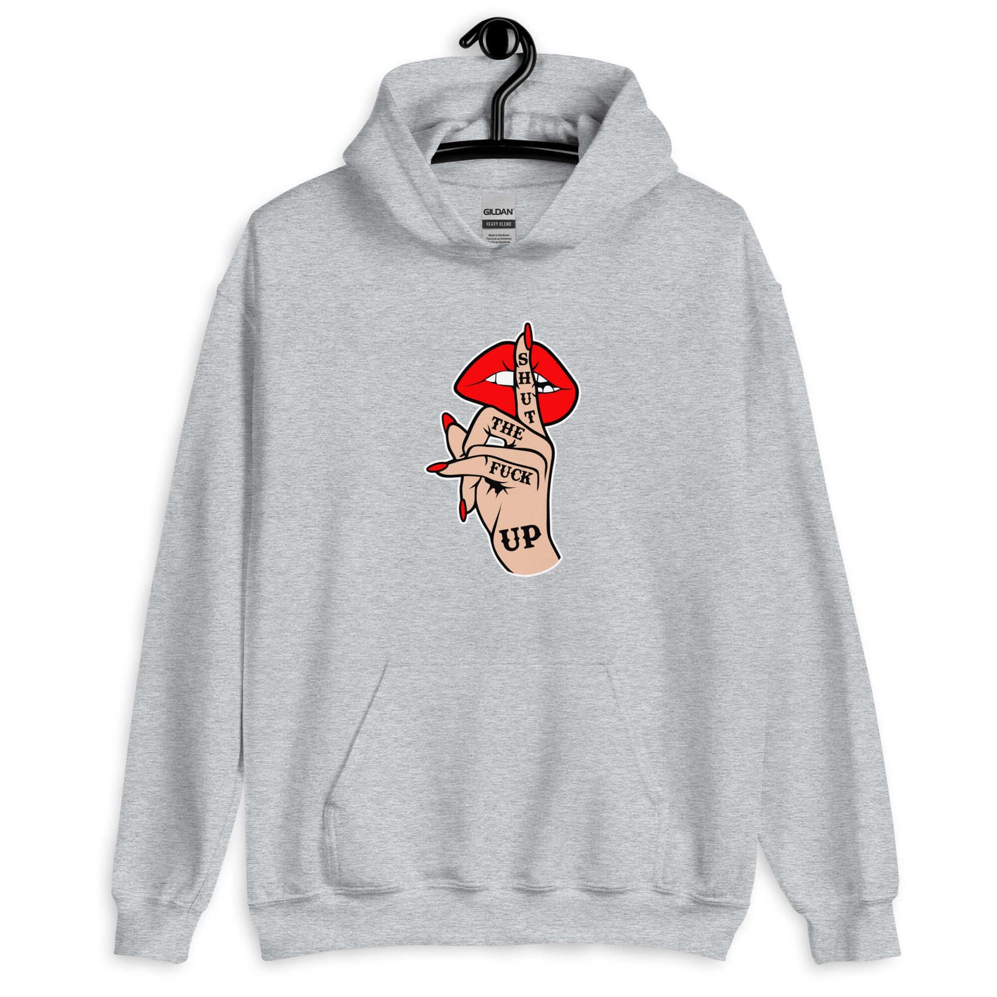 Sport grey hoodie sweatshirt with an image of a hand over lips making the shh gesture. The words Shut the fuck up are printed on the hand. The graphics are printed on the front of the hoodie.