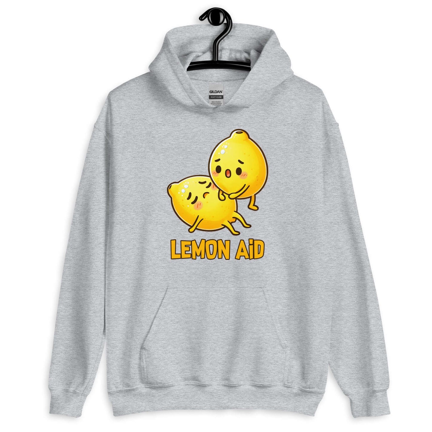 Sport grey hoodie sweatshirt with image of 2 cartoon lemons. One lemon is giving the other lemon CPR. The words Lemon Aid is under the lemons. The graphic is printed on the front.