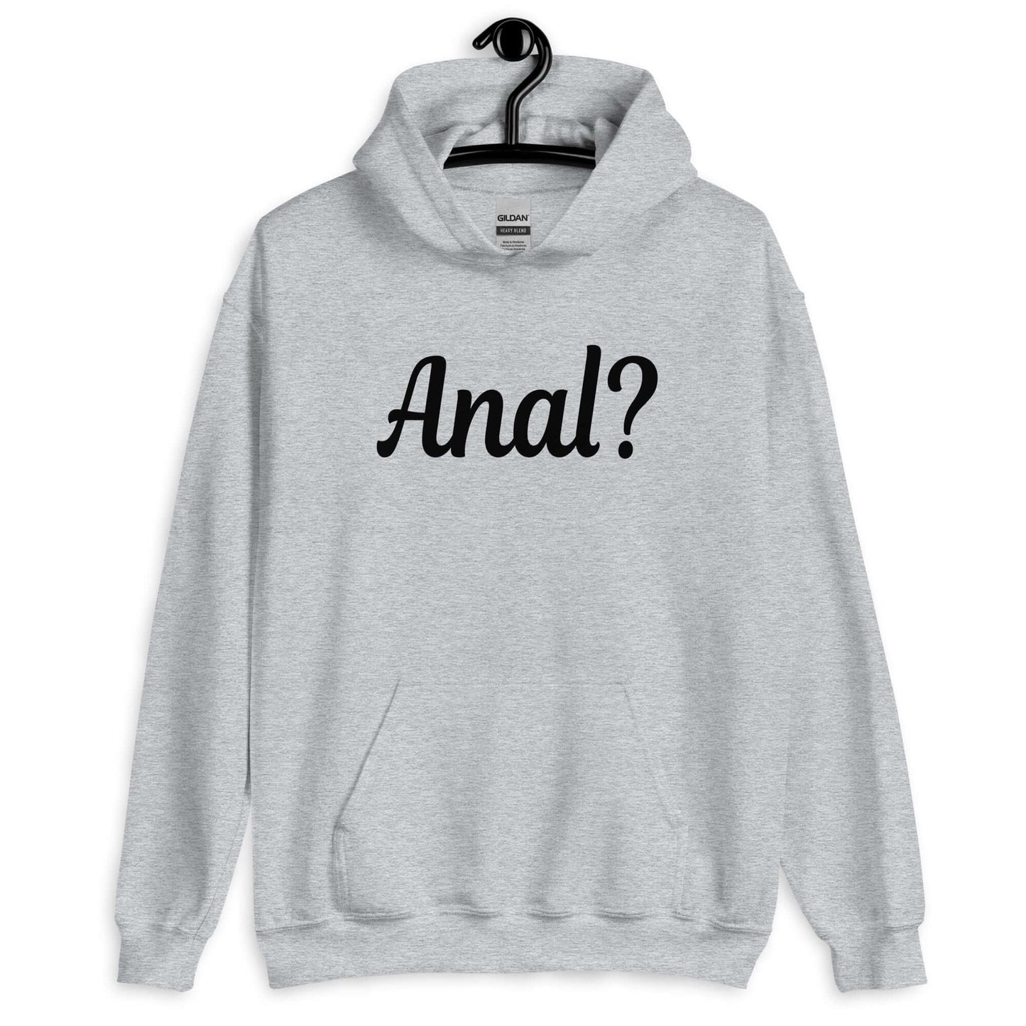 Sport grey hoodie sweatshirt with the word Anal with a question mark printed on the front.