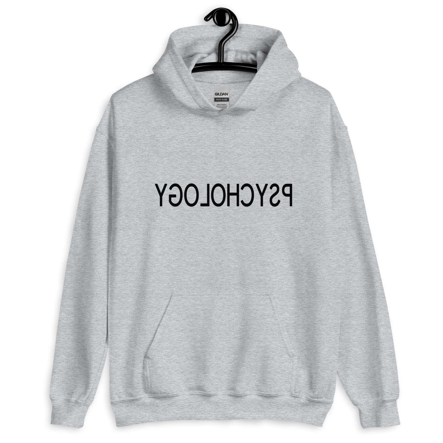 Sport grey hoodie sweatshirt with the word Psychology printed in reverse on the front.