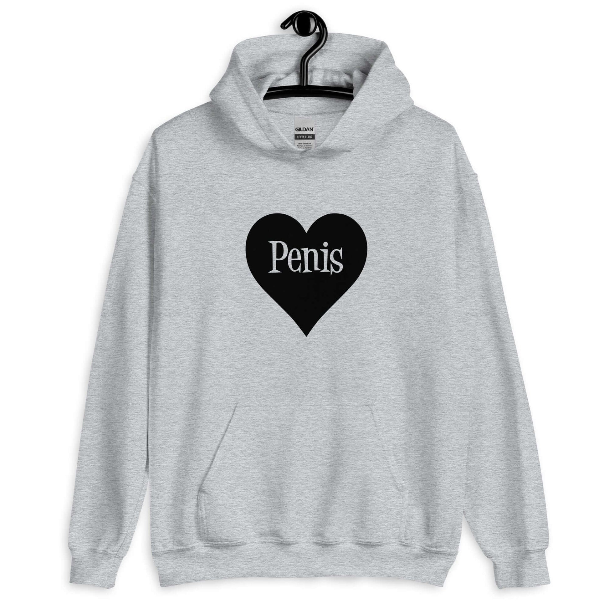 Sport grey hoodie sweatshirt with a heart image printed on the front. The word penis is inside the heart