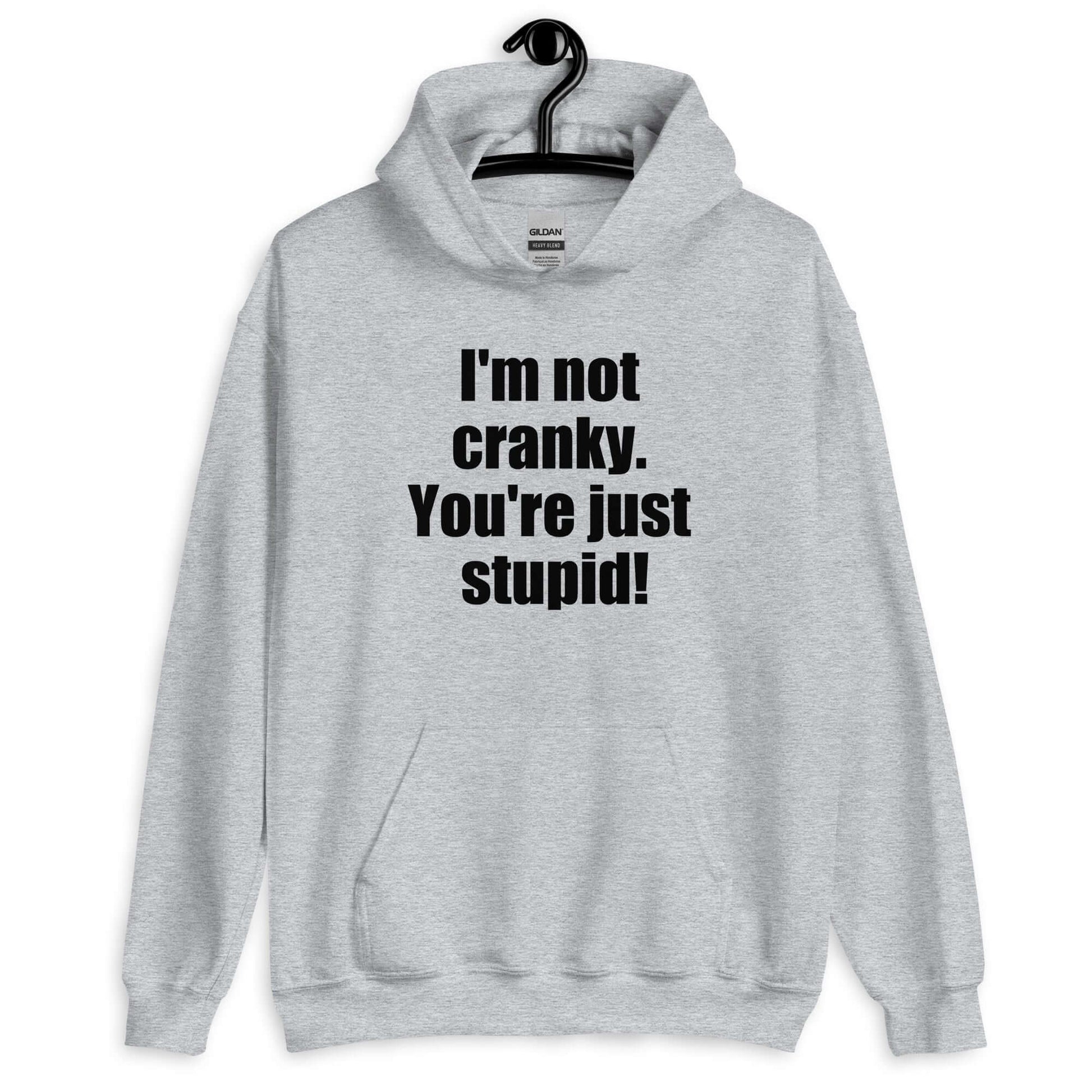 Sport grey hoodie sweatshirt with the phrase I'm not cranky You're just stupid printed on the front.