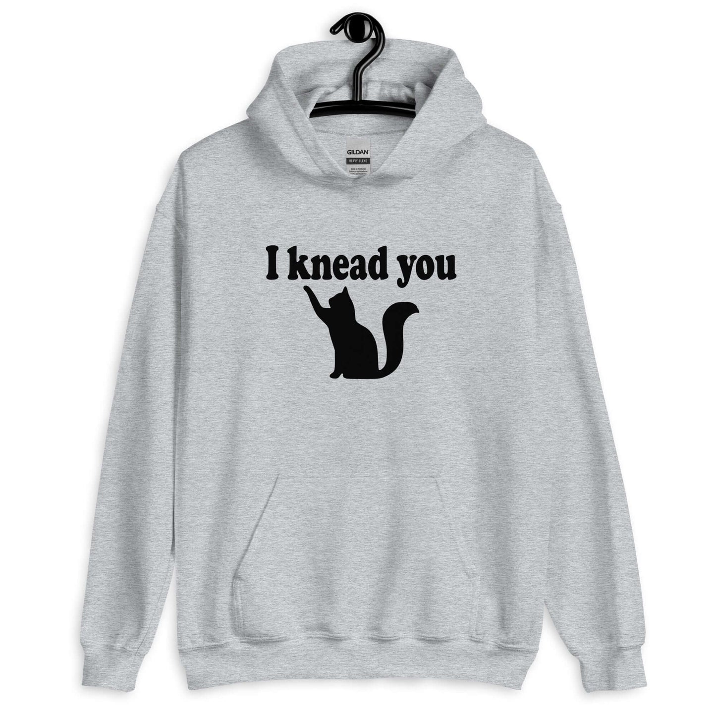 Sport grey hoodie sweatshirt that has an image of a silhouette of a cat and the words I knead you printed on the front.