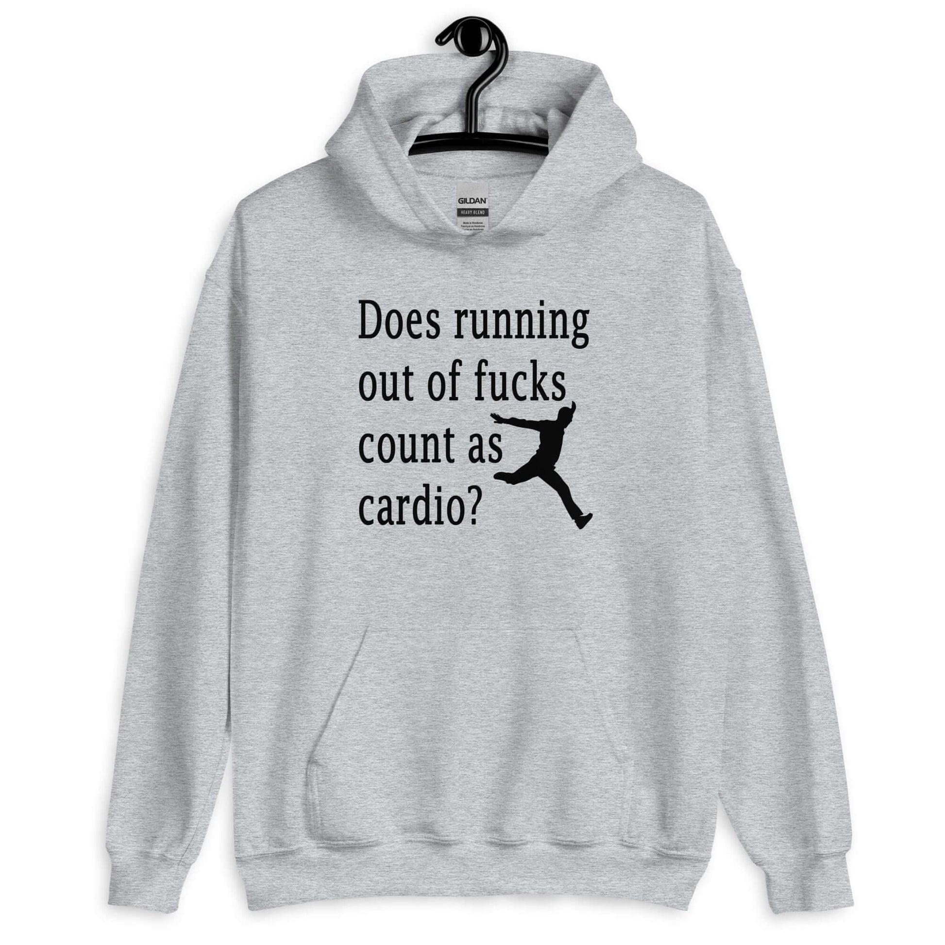 Sport grey hoodie sweatshirt with a silhouette image of a running person with the phrase Does running out of fucks count as cardio question mark printed on the front.