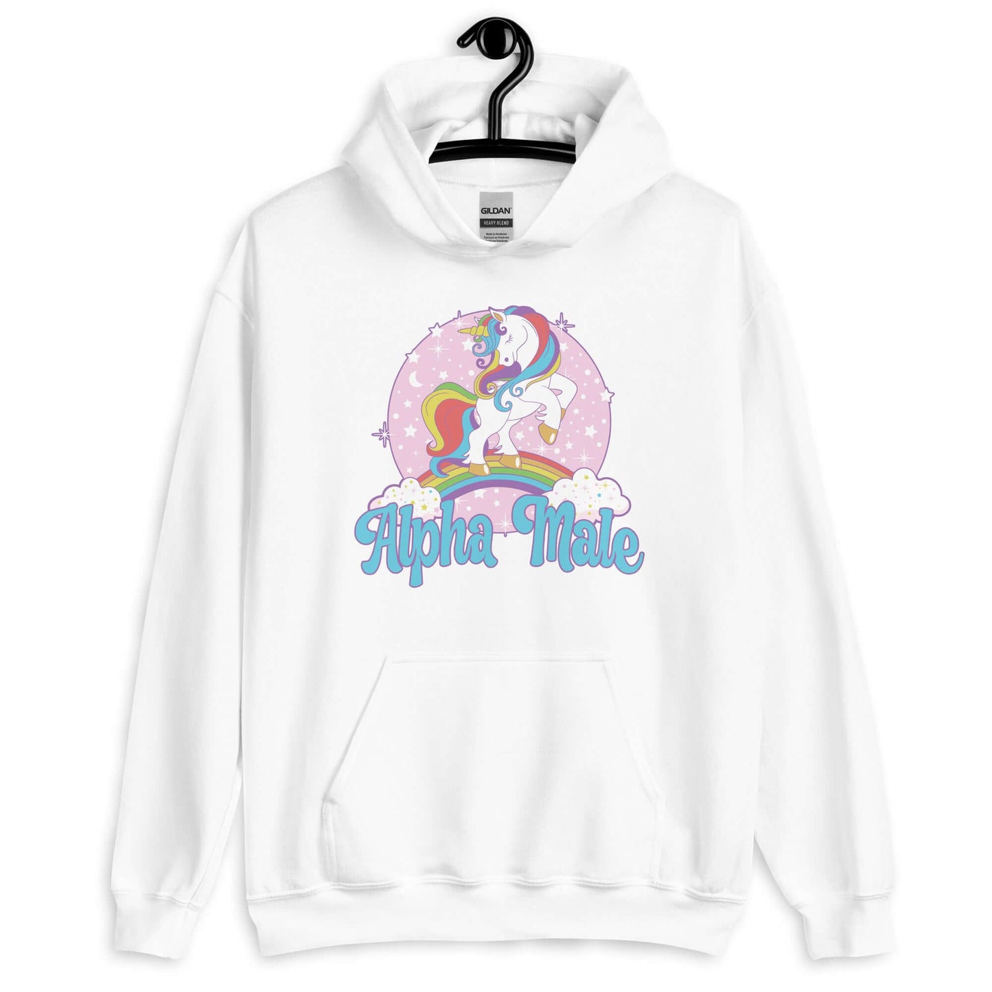 White hoodie sweatshirt with funny pastel rainbow unicorn graphics and the words Alpha Male printed on the front.