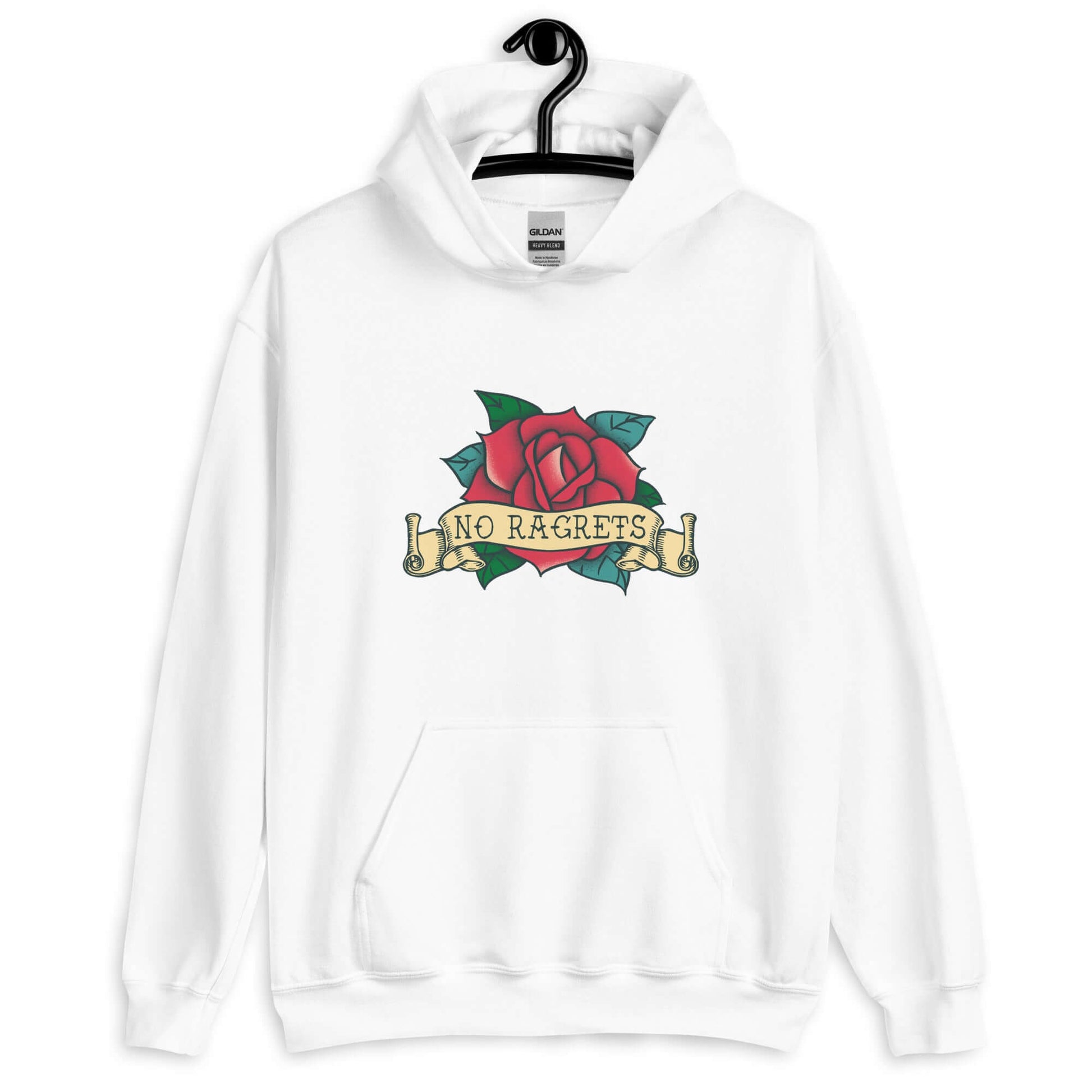 White hoodie sweatshirt with funny image of an old school rose flash tattoo with the words no ragrets intentionally misspelled.