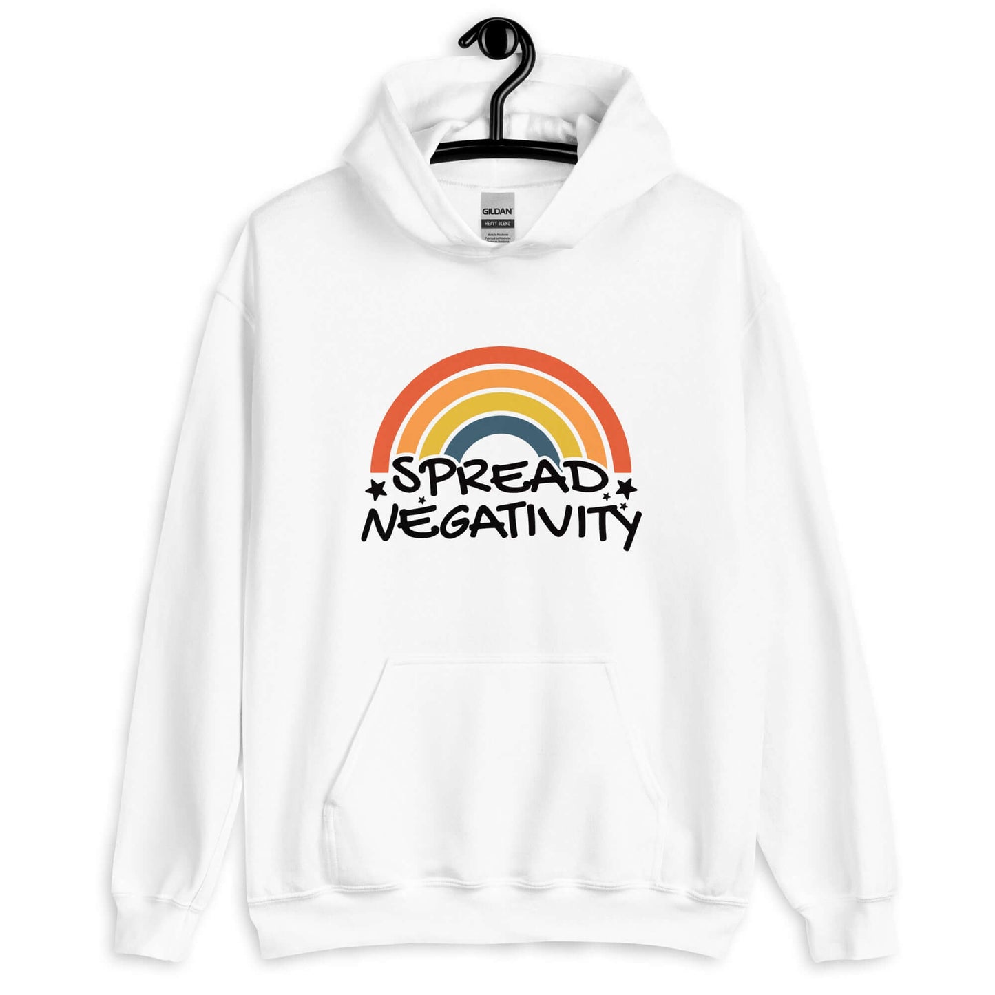 White hoodie sweatshirt with a graphic of a rainbow and the words Spread negativity printed on the front.