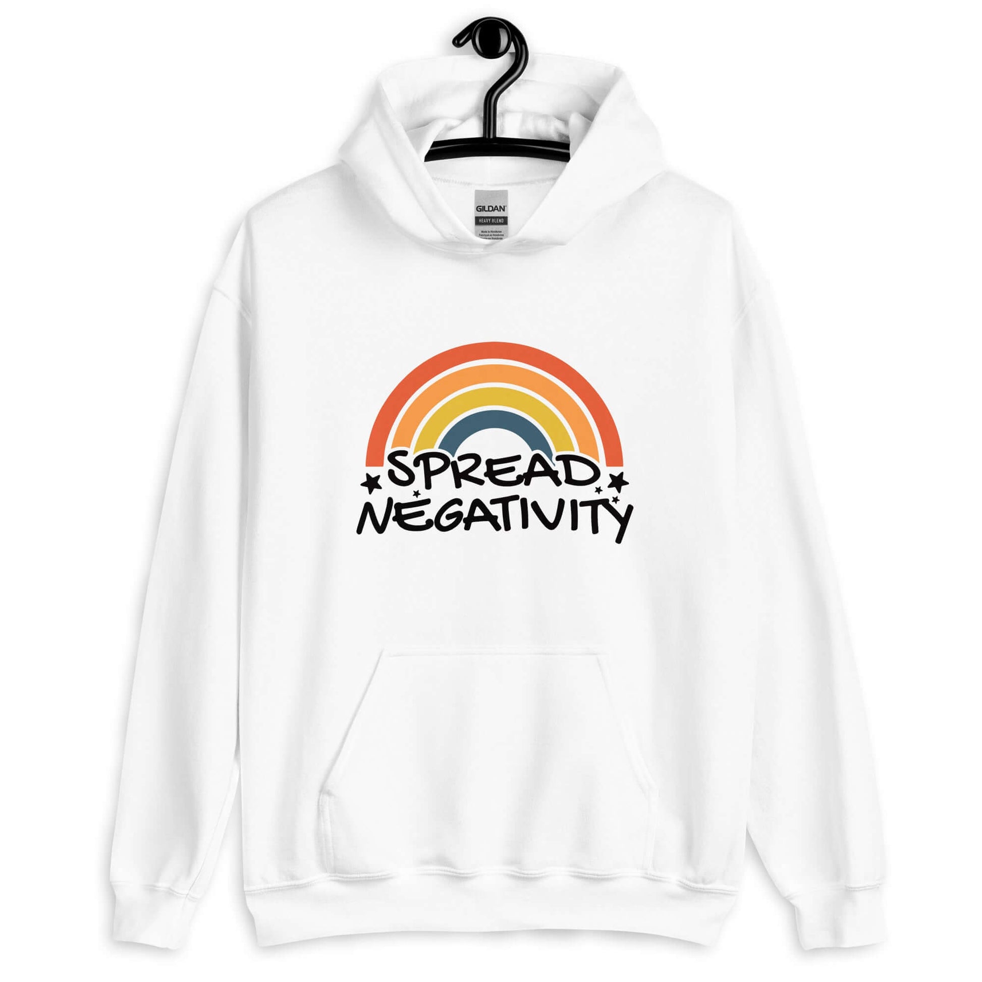 White hoodie sweatshirt with a graphic of a rainbow and the words Spread negativity printed on the front.