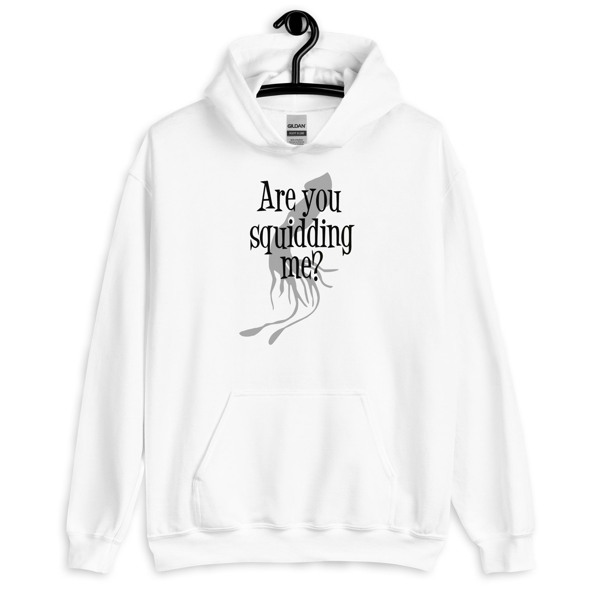 White hoodie sweatshirt with an image of a squid and the pun phrase Are you squidding me question mark printed on the front.