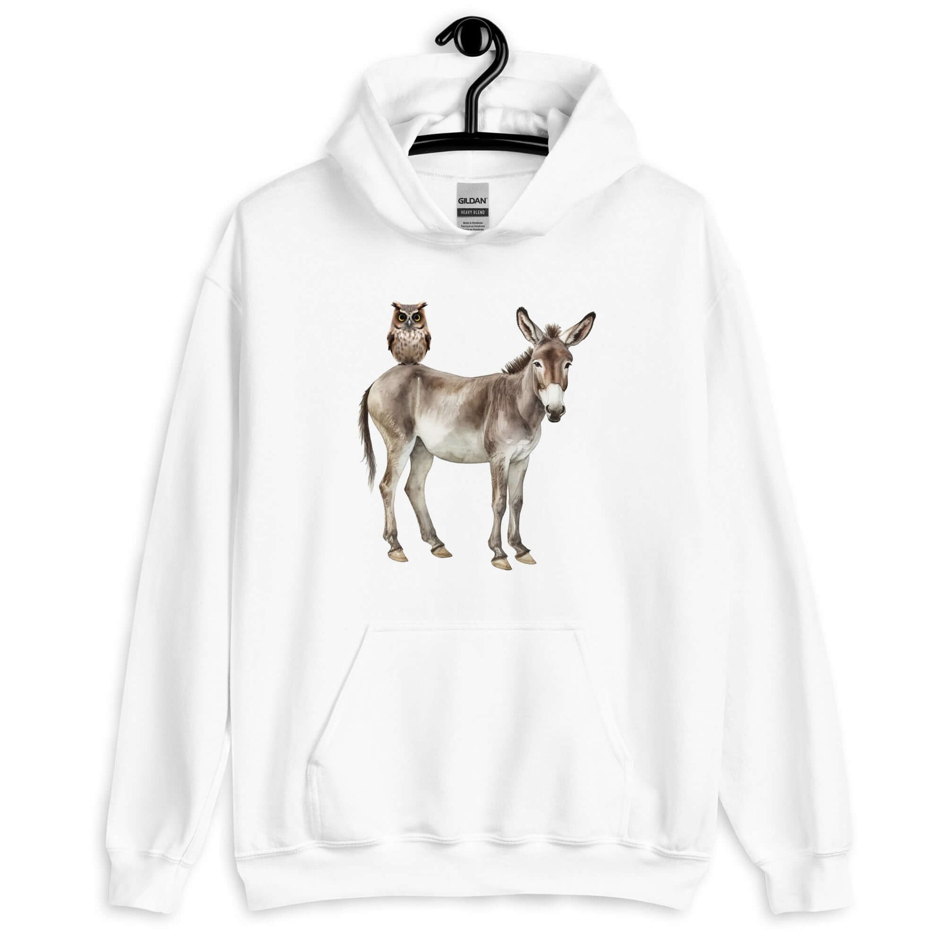 White hoodie sweatshirt with image of a donkey with wise owl sitting on it. The graphic is printed on the front of the hoodie.