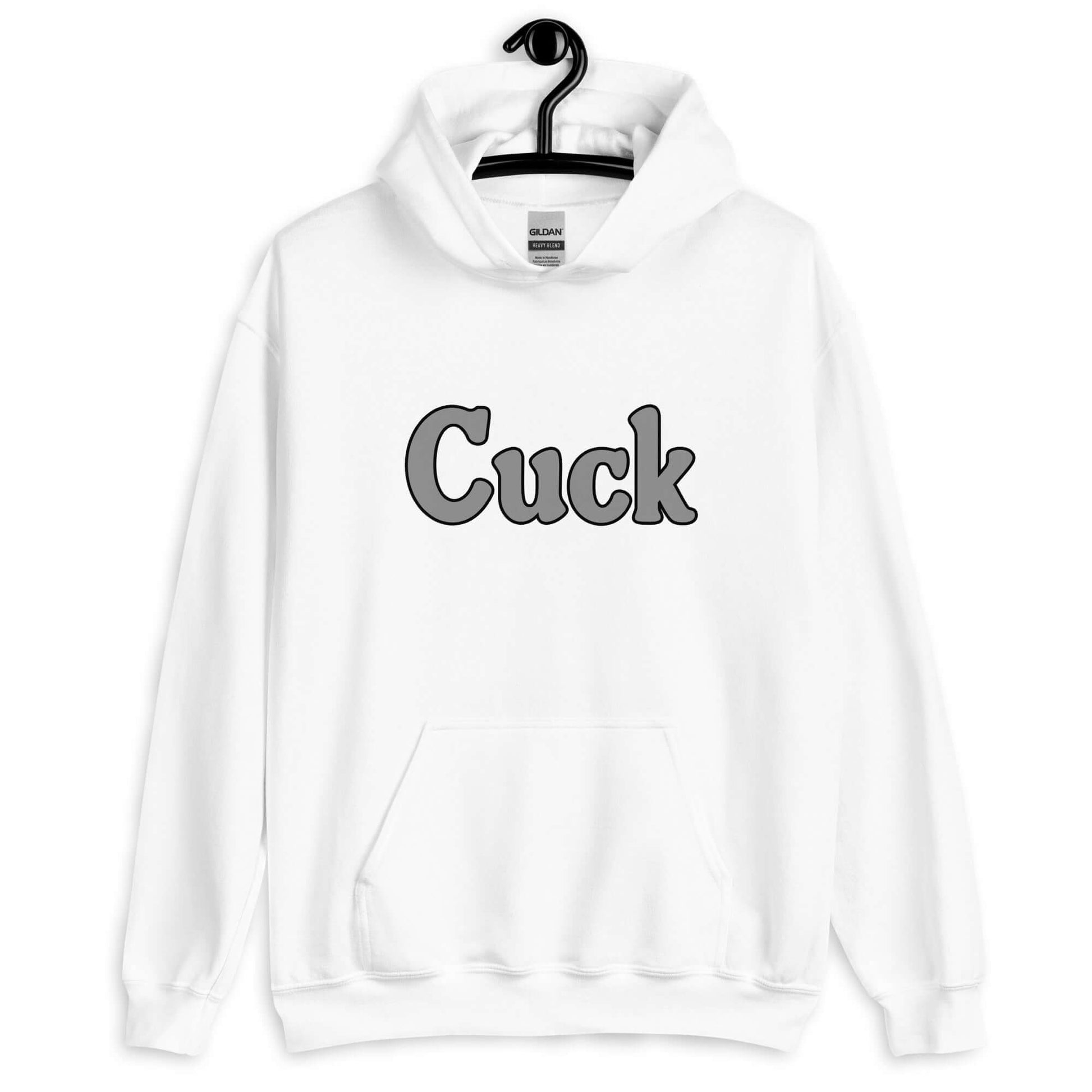 White hoodie sweatshirt with the word Cuck printed on the front in grey.