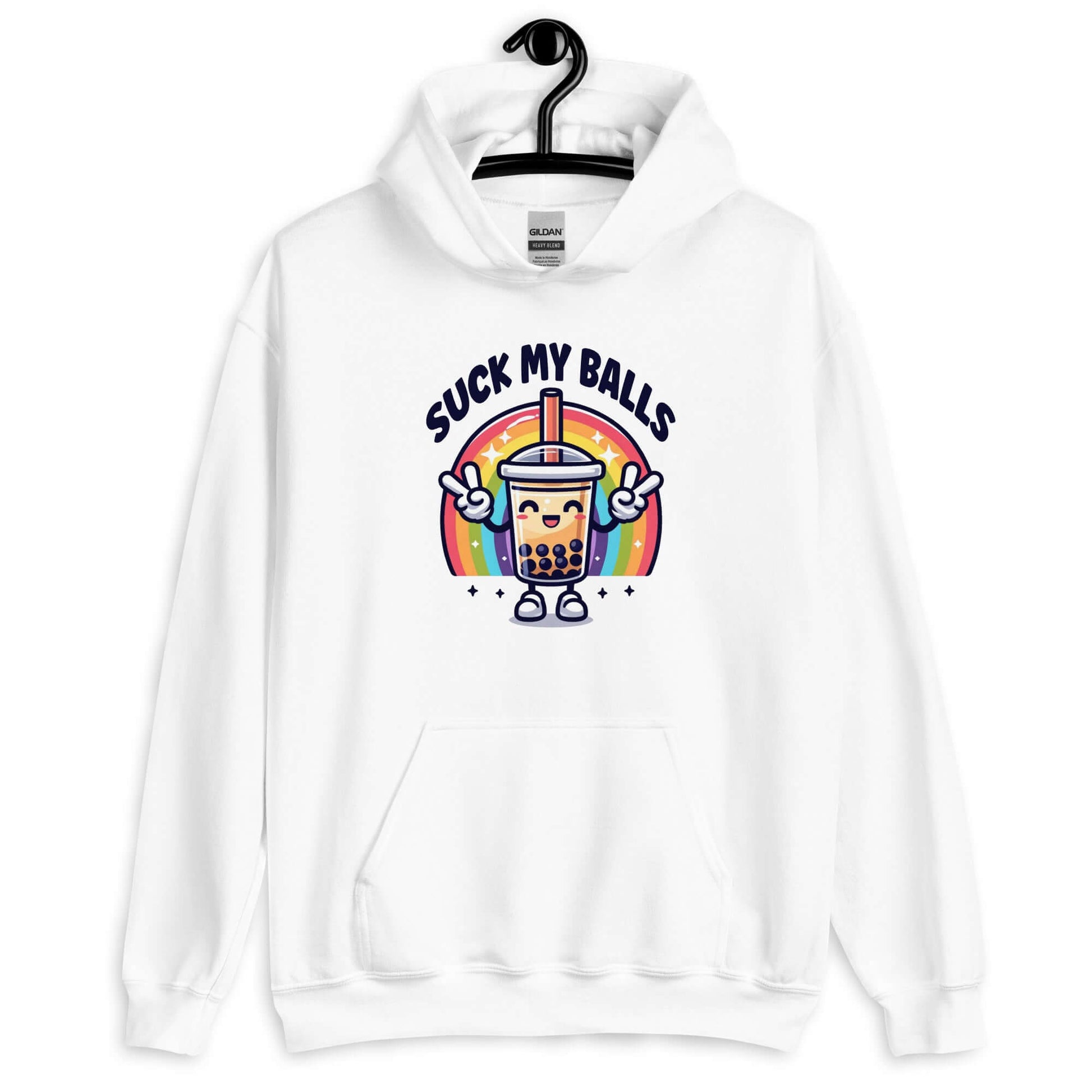 White hoodie with graphics of a rainbow and a smiling boba bubble tea. The bubble tea has arms and legs. The phrase Suck my balls is printed above the rainbow. The graphics are on the front of the hoodie.