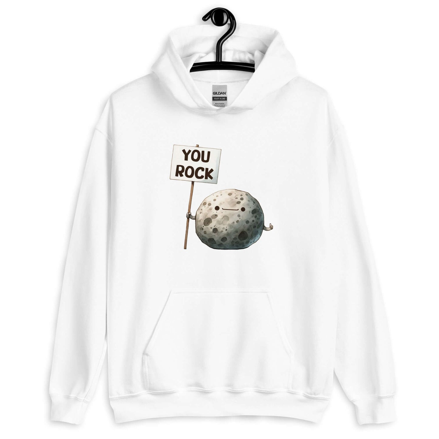 White hoodie with an image of a grey rock that is holding a sign. The sign says You Rock. The image is printed on the front of the hoodie.