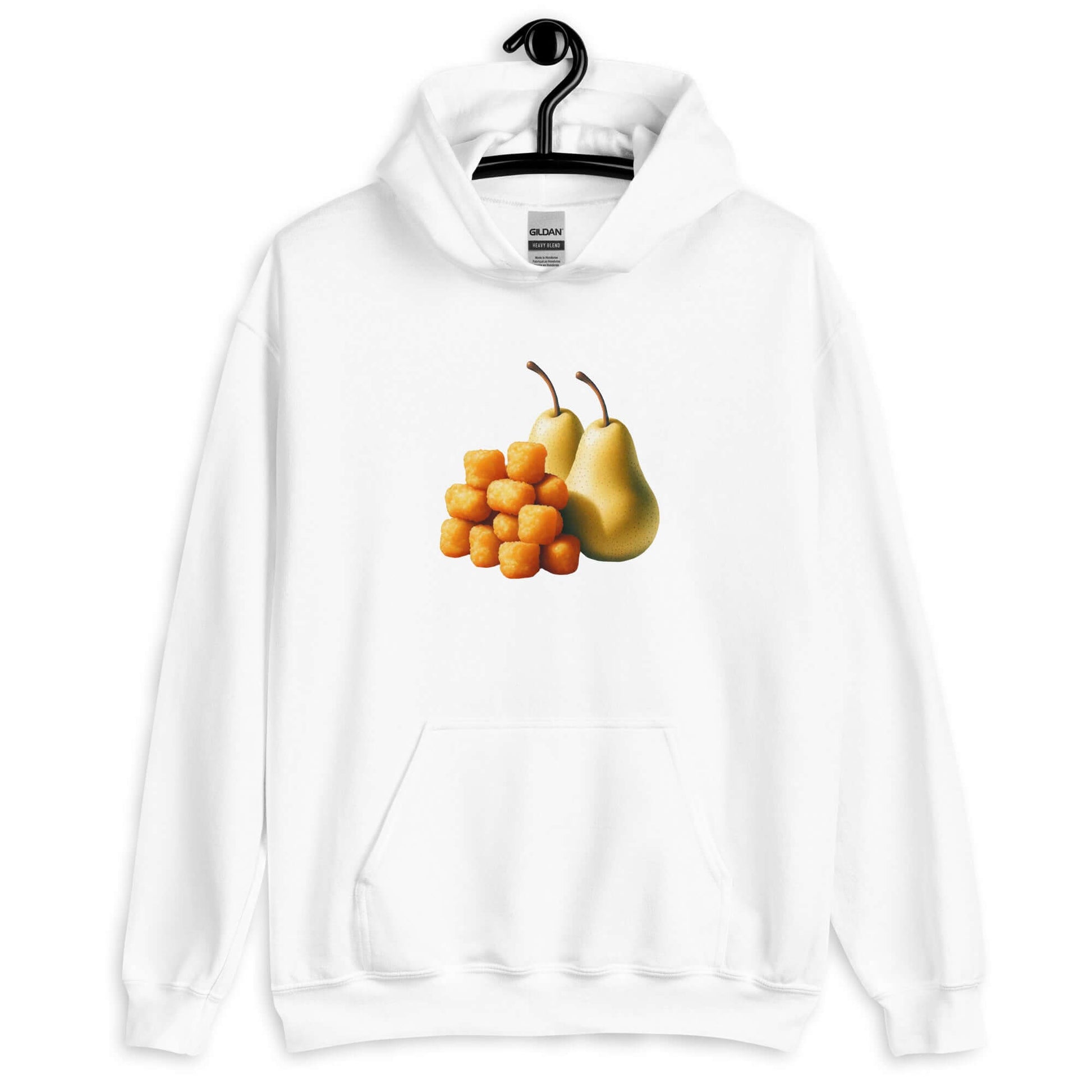 White hoodie with an image of tater tots and two pears printed on the front. 