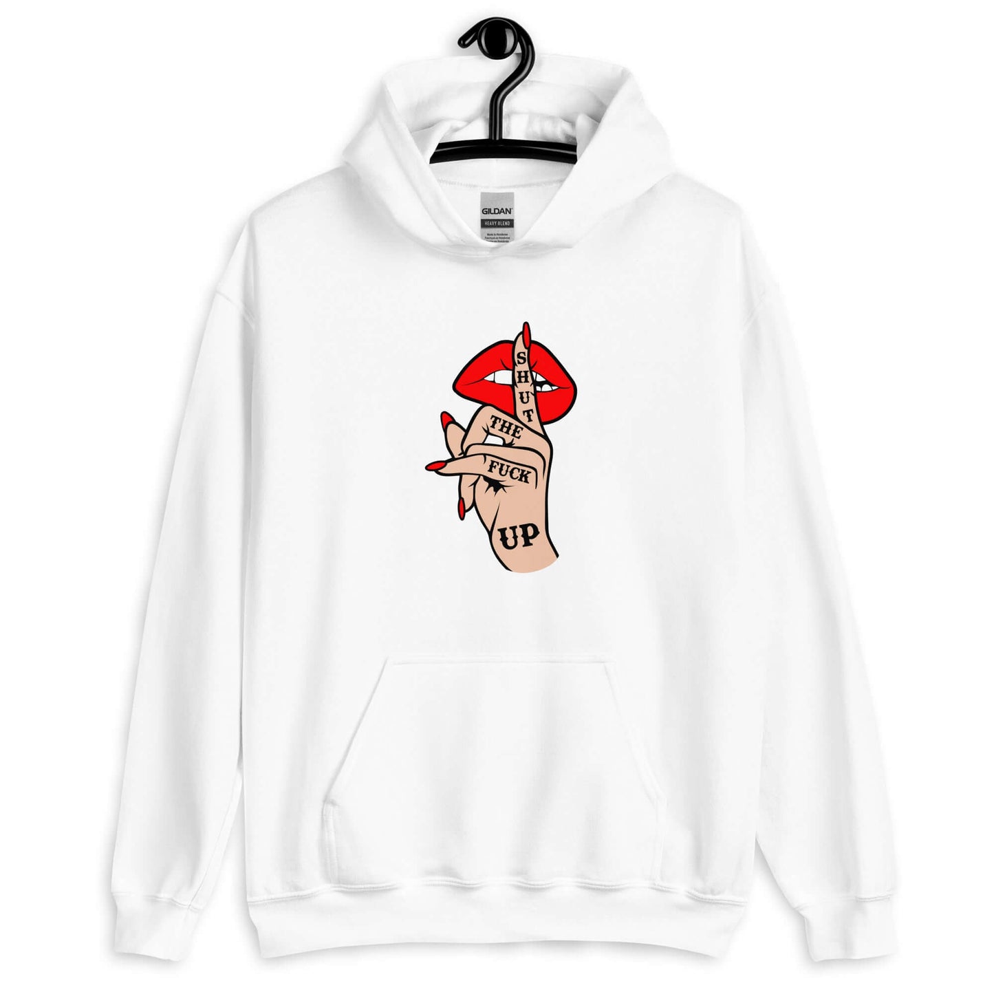 White hoodie sweatshirt with an image of a hand over lips making the shh gesture. The words Shut the fuck up are printed on the hand. The graphics are printed on the front of the hoodie.