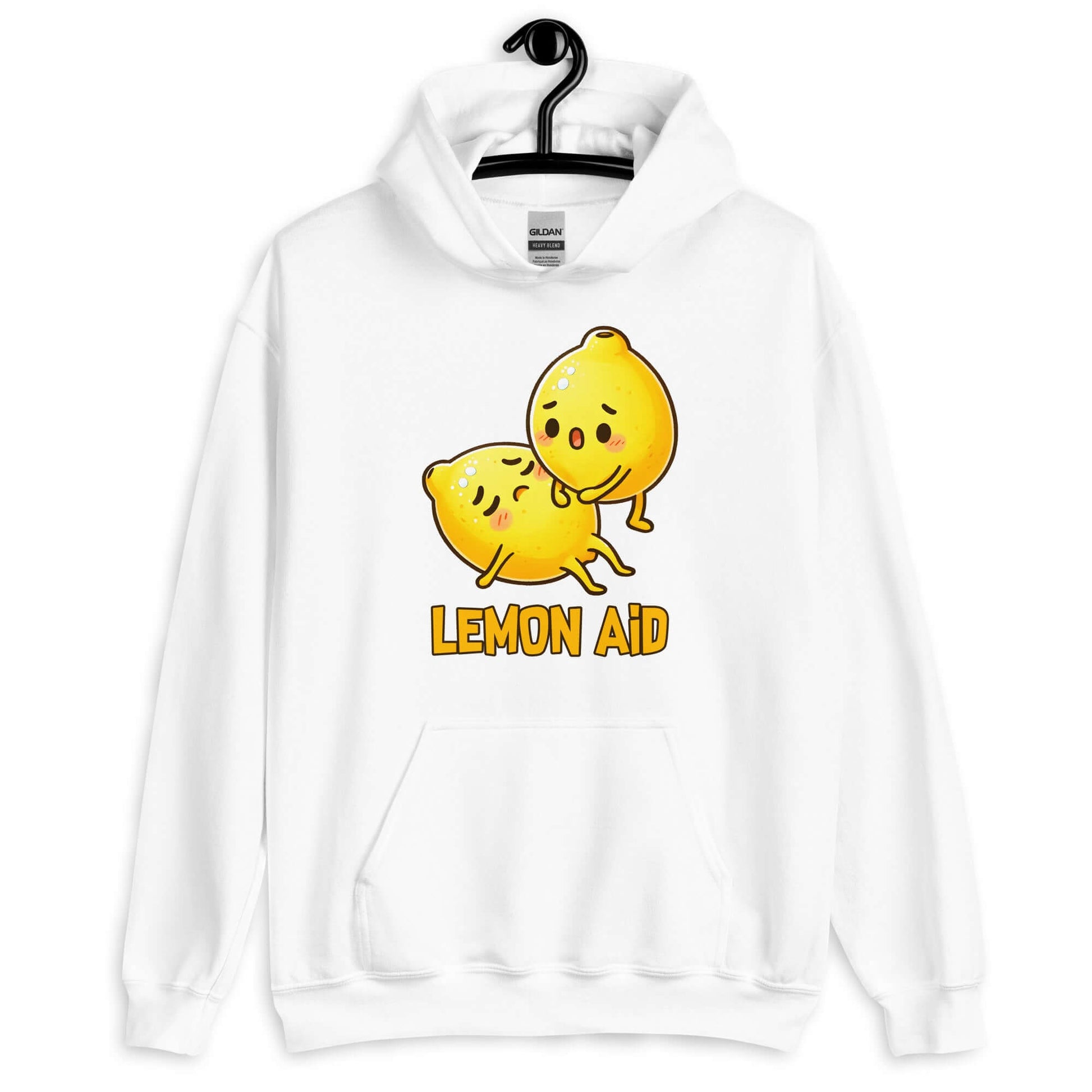 White hoodie sweatshirt with image of 2 cartoon lemons. One lemon is giving the other lemon CPR. The words Lemon Aid is under the lemons. The graphic is printed on the front.