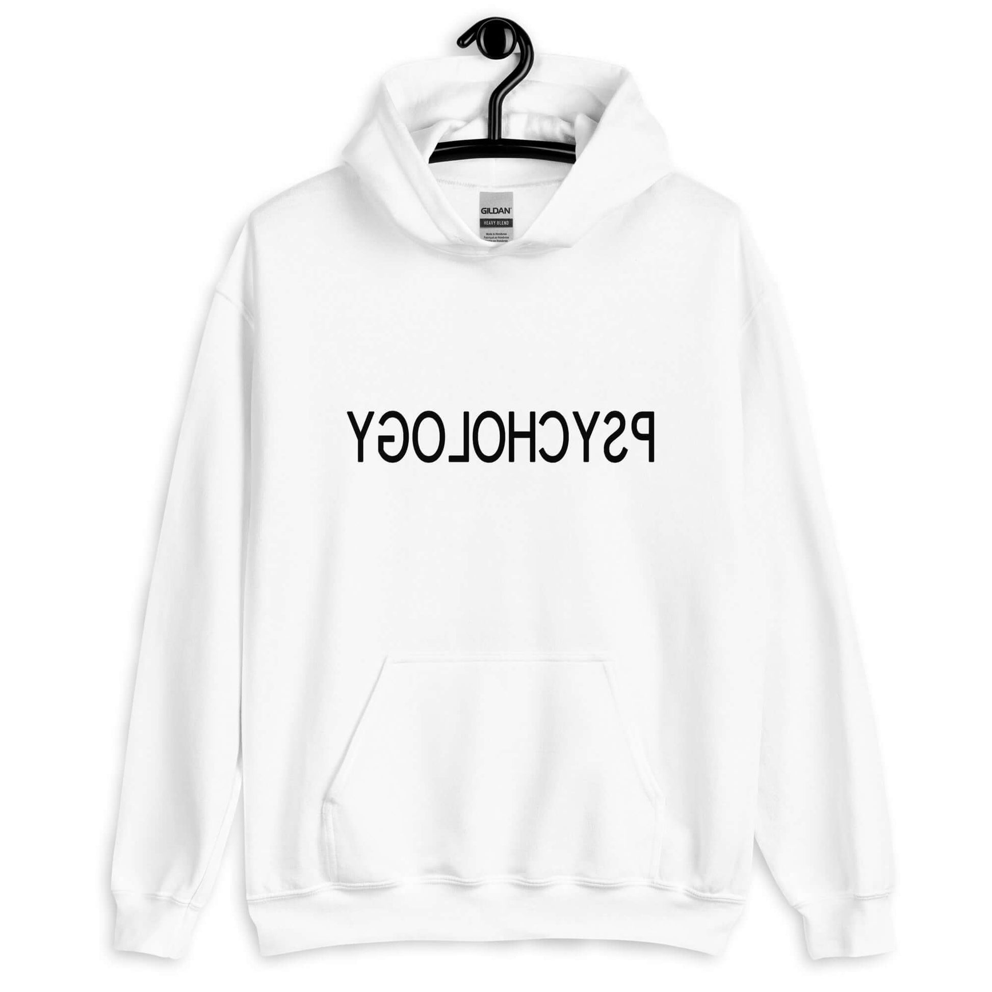 White hoodie sweatshirt with the word Psychology printed in reverse on the front.